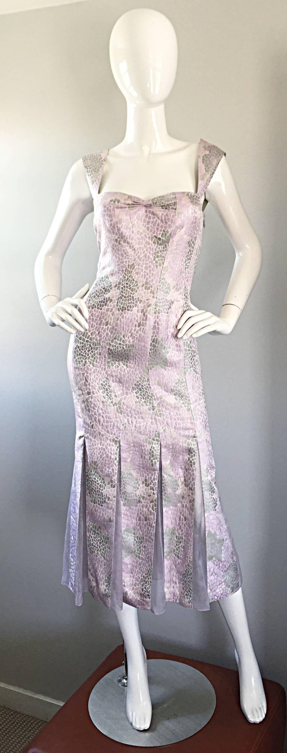 Gorgeous LILY SAMII silk dress with Carwash hem! Features a beautiful metallic alligator print in pink, gray and purple. Wonderful fitted bodice, with a Carwash hem mixed with semi sheer lilac chiffon. Couture quality with an expert eye to
