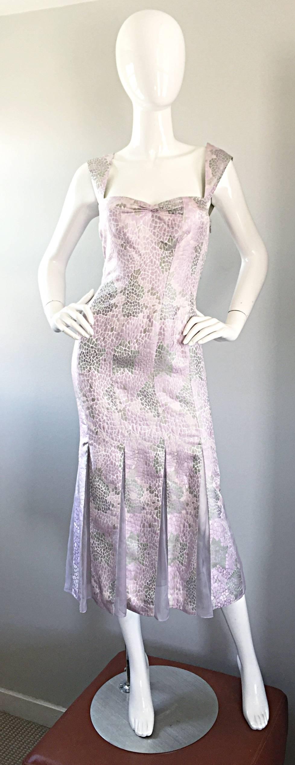 Lily Samii Alligator Reptile Print Pink + Purple + Grey Silk Carwash Hem Dress For Sale 2