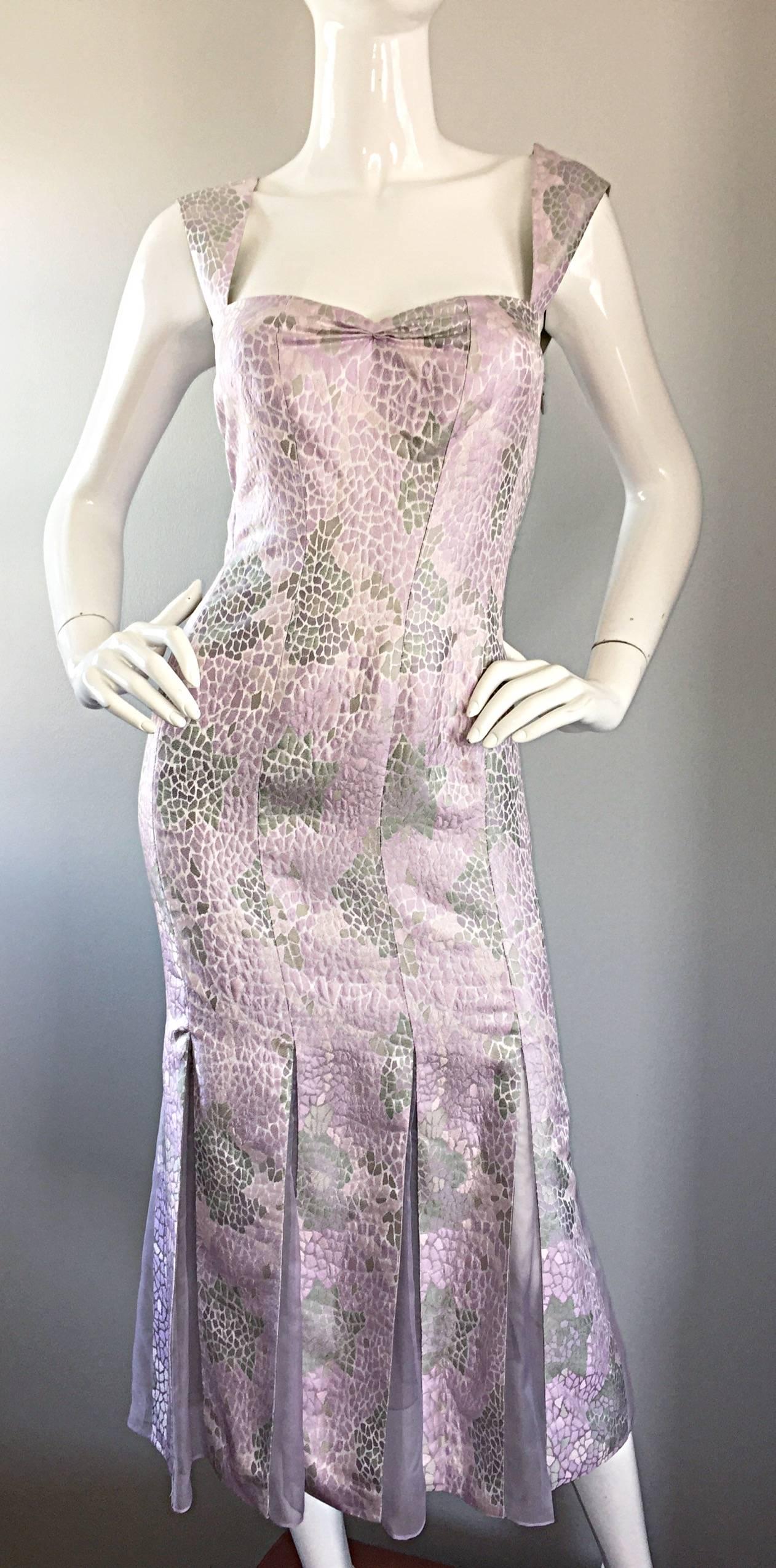 Women's Lily Samii Alligator Reptile Print Pink + Purple + Grey Silk Carwash Hem Dress For Sale