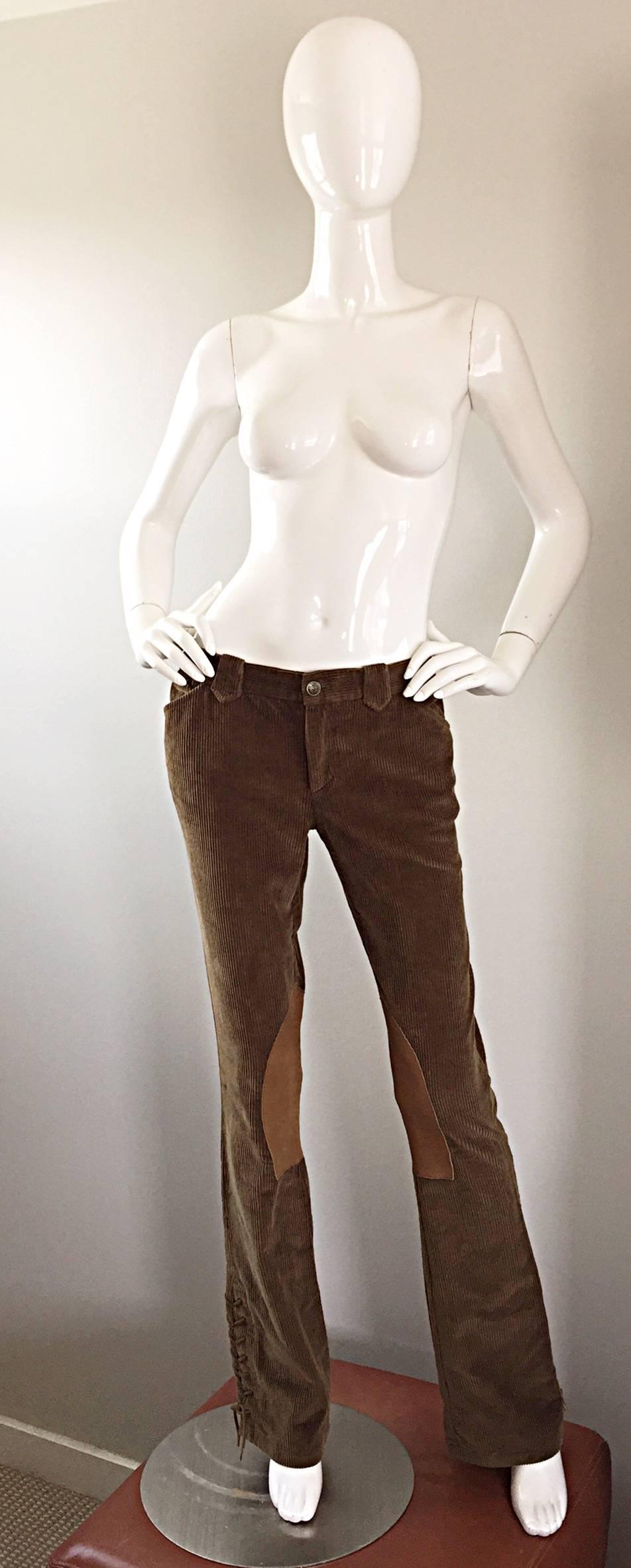Amazing vintage 90s RALPH LAUREN 'Blue Label' tan and brown cotton corduroy low rise trousers! Features two leather suede patches at the interior knee. Functional laces at each side of the flared leg hem. Two pockets at front waist, and two pockets