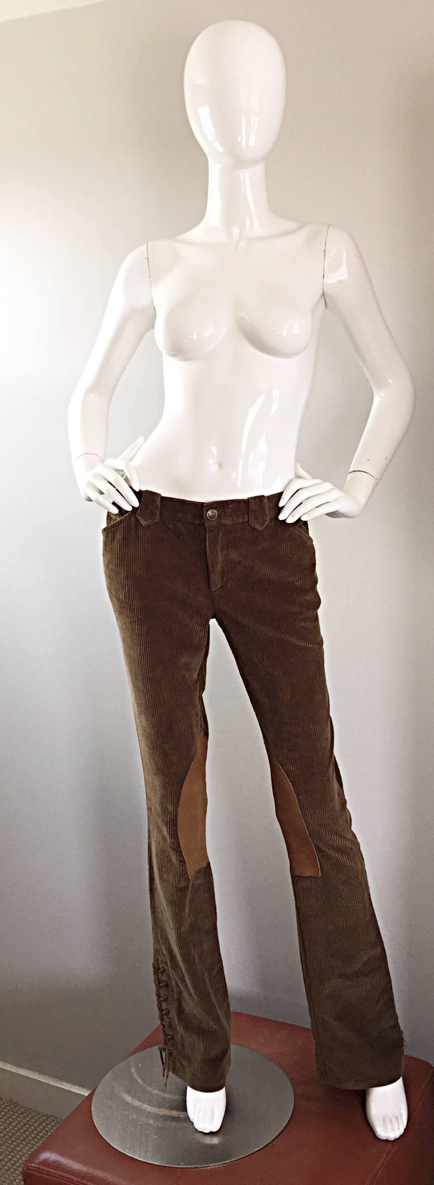 1990s Ralph Lauren ' Blue Label ' Tan & Brown Corduroy + Suede Flare Leg Pants For Sale 1