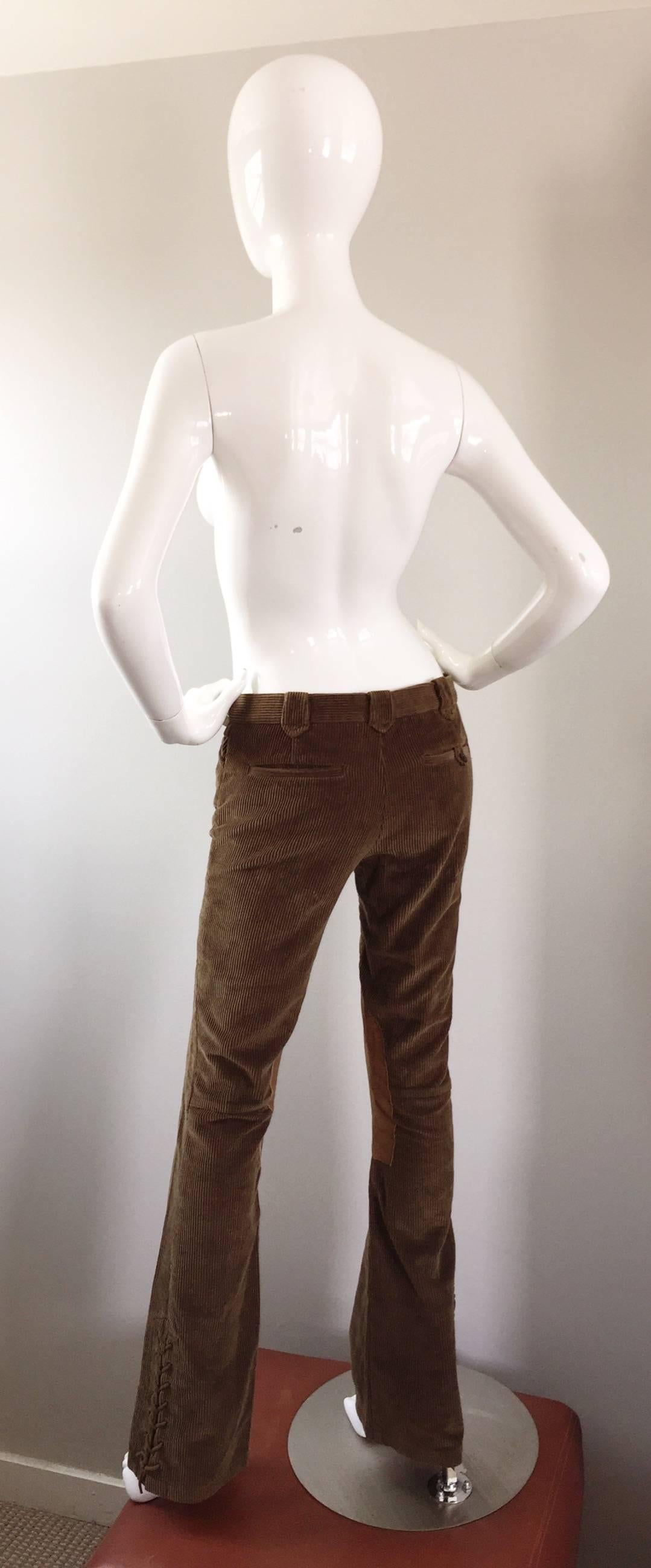 Black 1990s Ralph Lauren ' Blue Label ' Tan & Brown Corduroy + Suede Flare Leg Pants For Sale