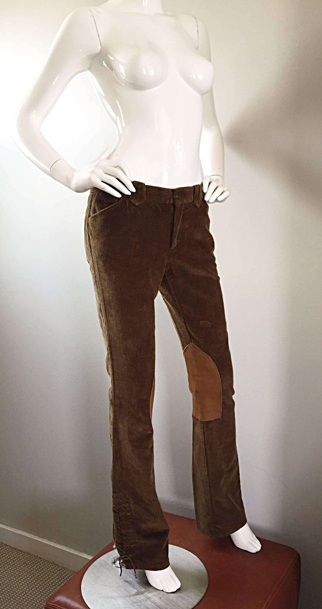 Women's or Men's 1990s Ralph Lauren ' Blue Label ' Tan & Brown Corduroy + Suede Flare Leg Pants For Sale