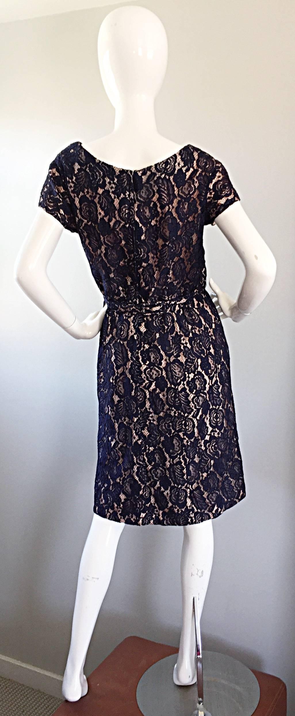 Beautiful 1950s 50s Navy Blue Lace & Nude Silk A - Line Fit & Flare Bow Dress 1