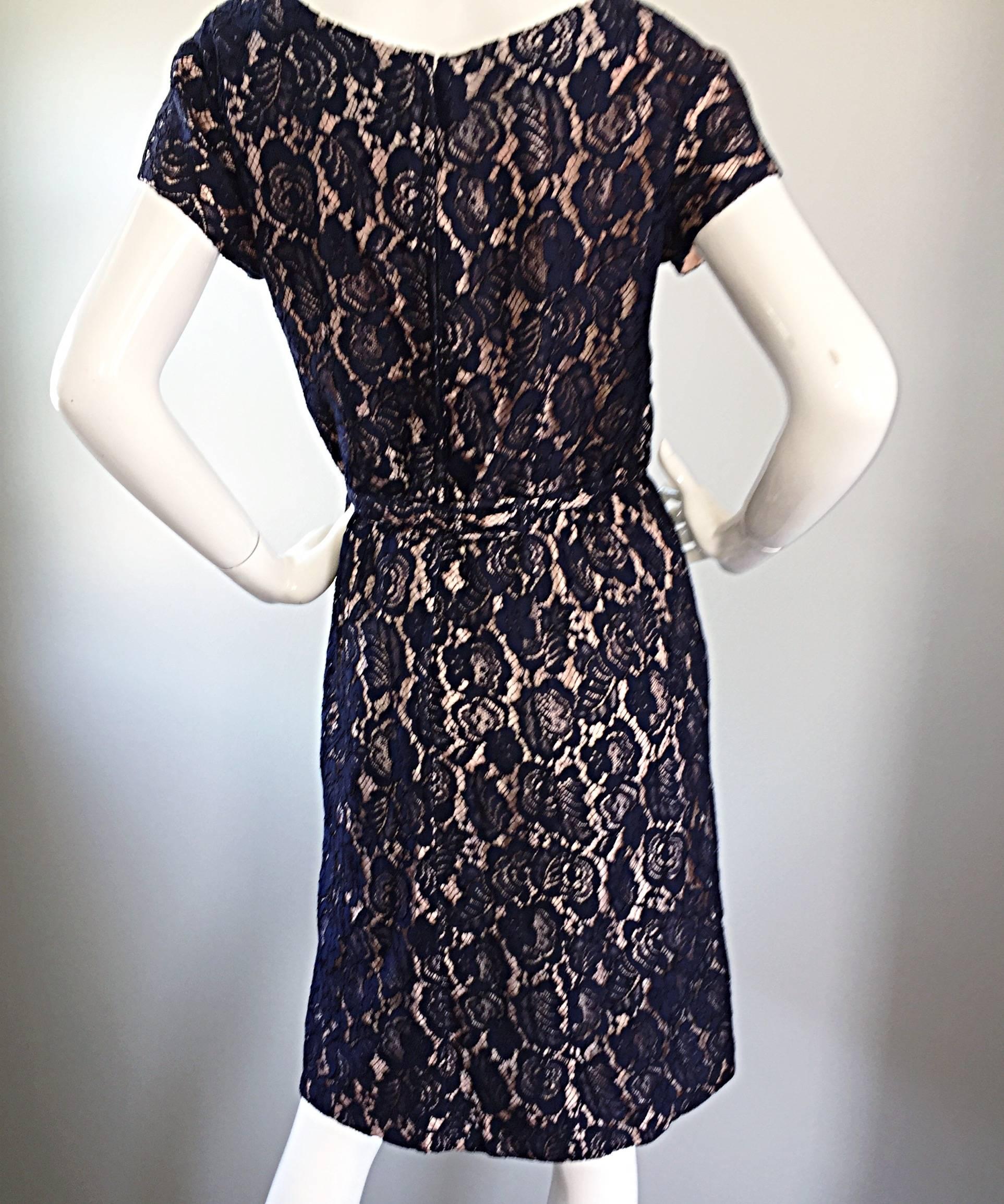 Beautiful 1950s 50s Navy Blue Lace & Nude Silk A - Line Fit & Flare Bow Dress 3