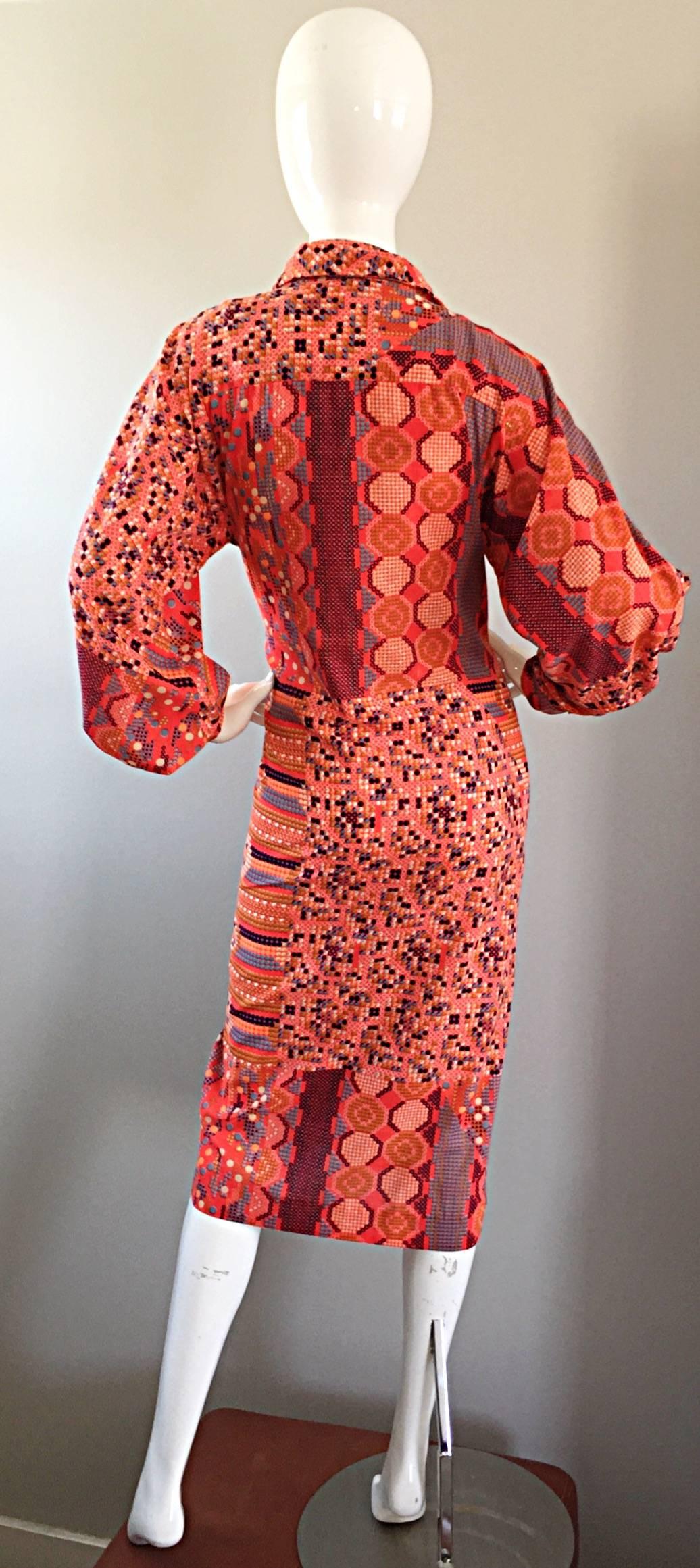 Orange 1970s Jay Morley For Fern Viollette ' Tetris ' Print 70s Vintage Shirt Dress For Sale