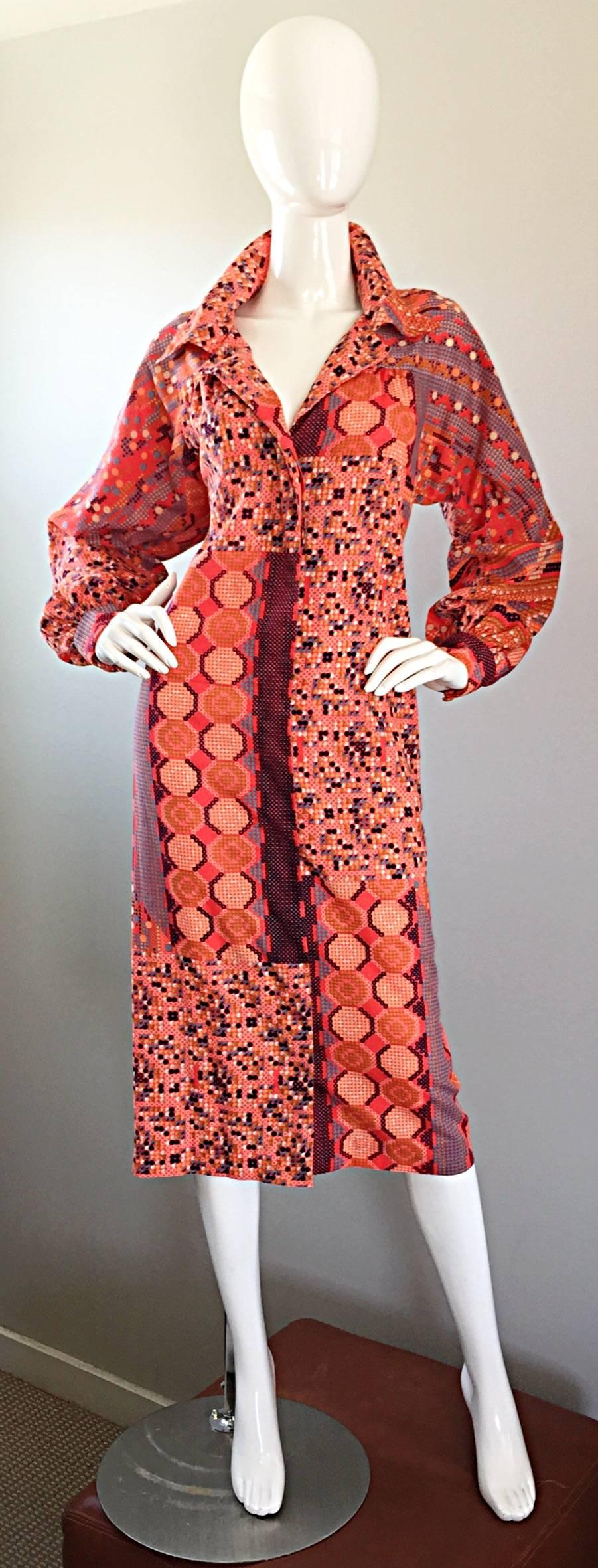 Delightful 1970s JAY MORLEY for FERN VIOLLETTE 'Tetris' printed dress! Features vibrant colors in multi geometric mosaic prints throughout. Buttons up the front, with a collar and two sleeve cuffs that button at the wrist. Jay Morley was a mid