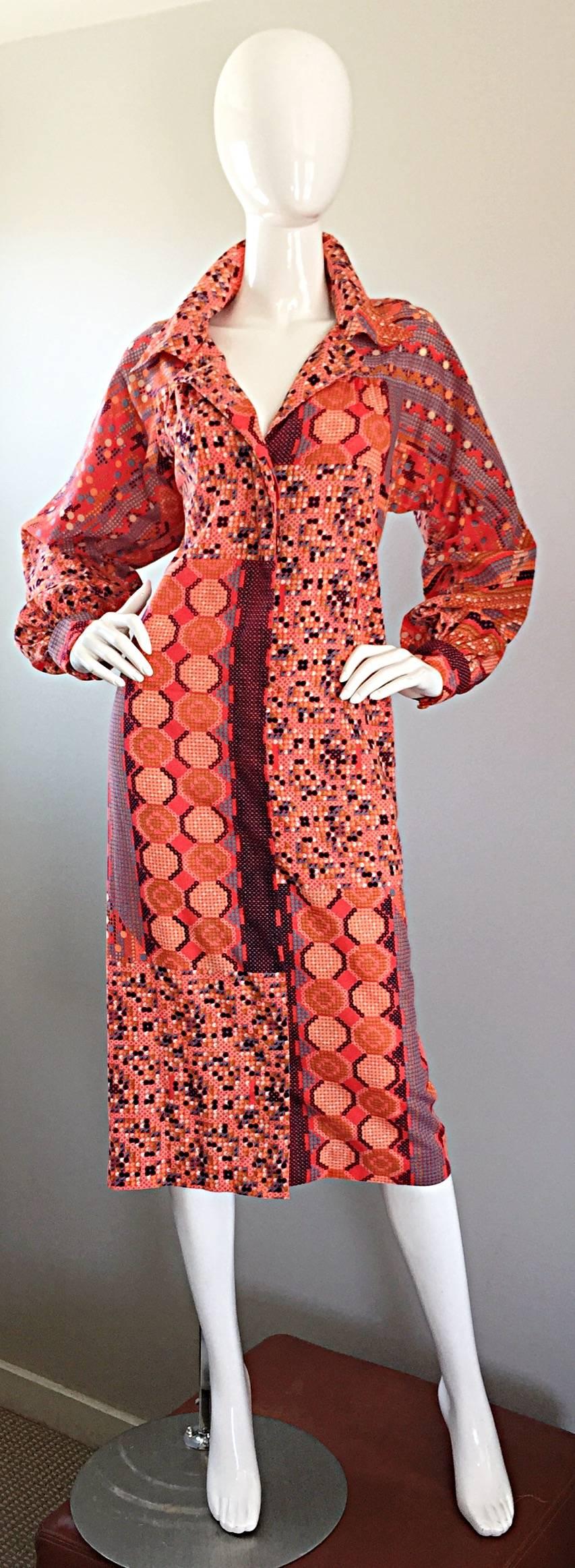1970s Jay Morley For Fern Viollette ' Tetris ' Print 70s Vintage Shirt Dress For Sale 2