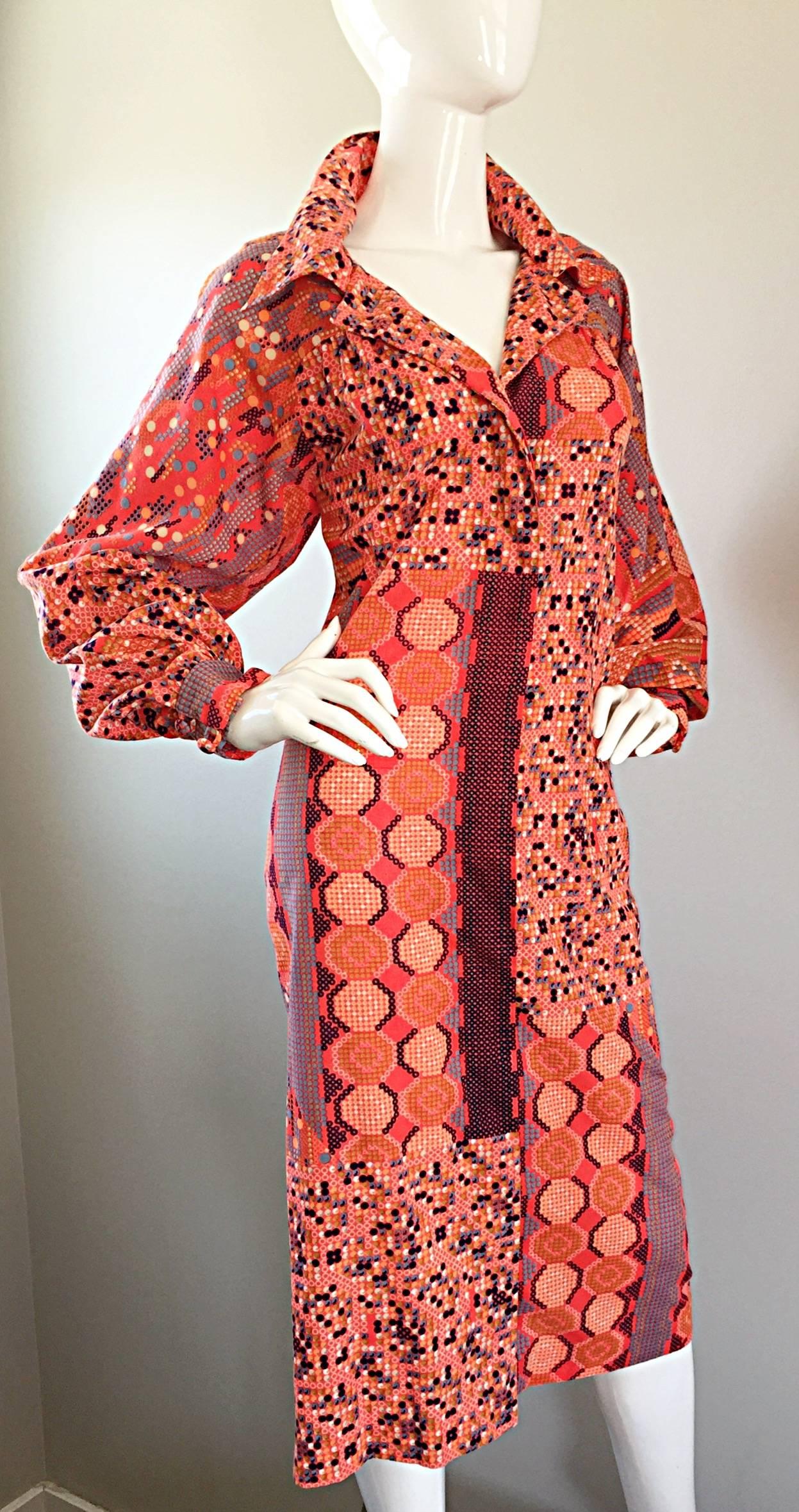 Women's 1970s Jay Morley For Fern Viollette ' Tetris ' Print 70s Vintage Shirt Dress For Sale