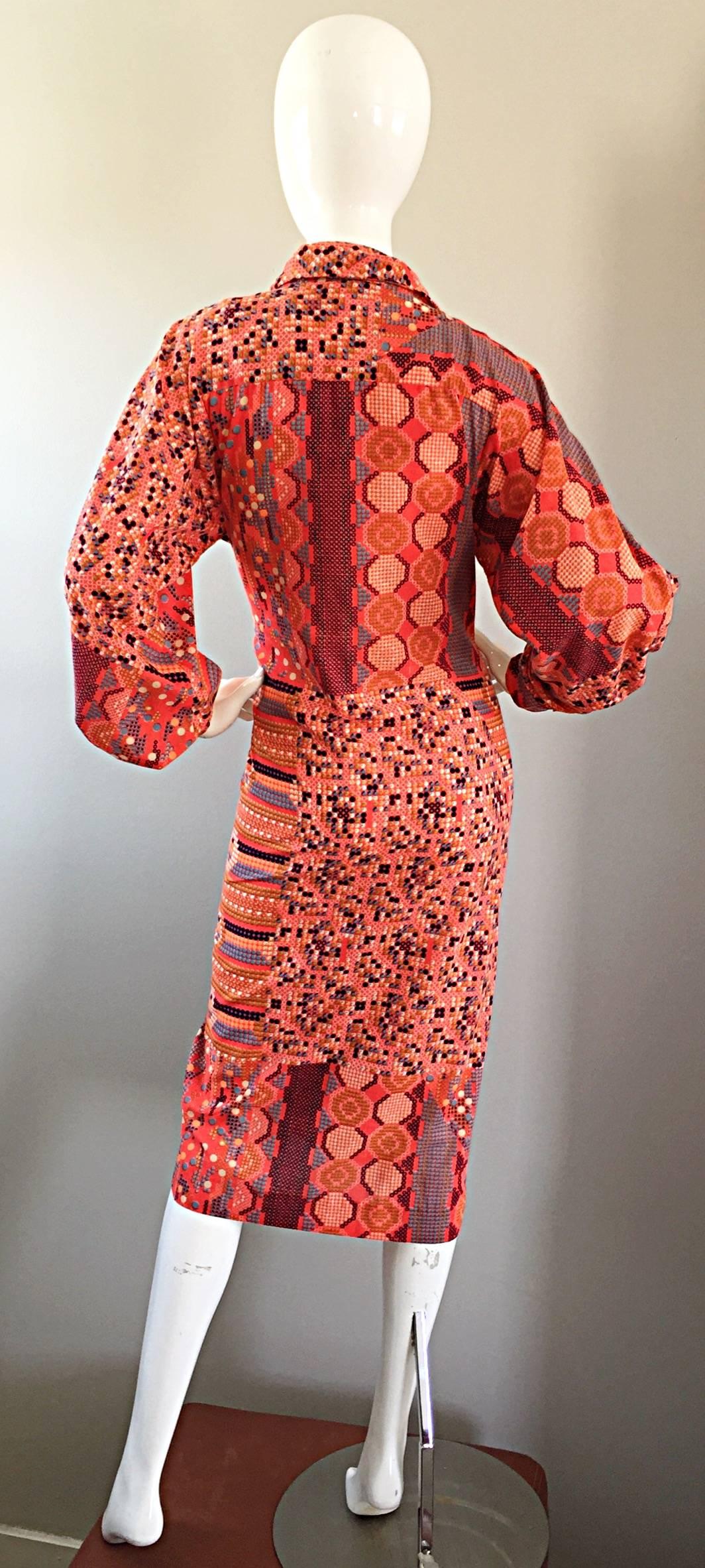 1970s Jay Morley For Fern Viollette ' Tetris ' Print 70s Vintage Shirt Dress For Sale 1