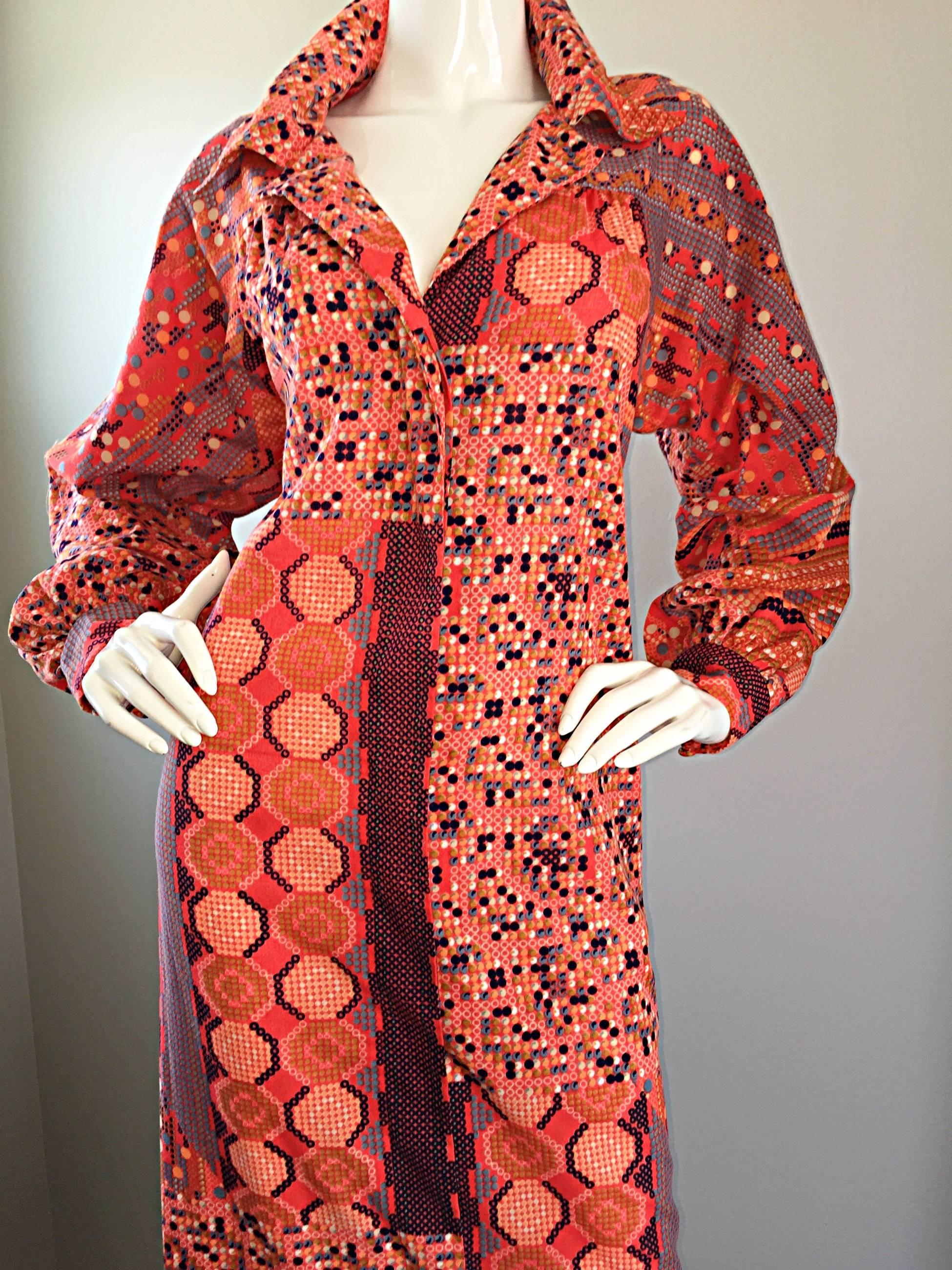 1970s Jay Morley For Fern Viollette ' Tetris ' Print 70s Vintage Shirt Dress In Excellent Condition For Sale In San Diego, CA