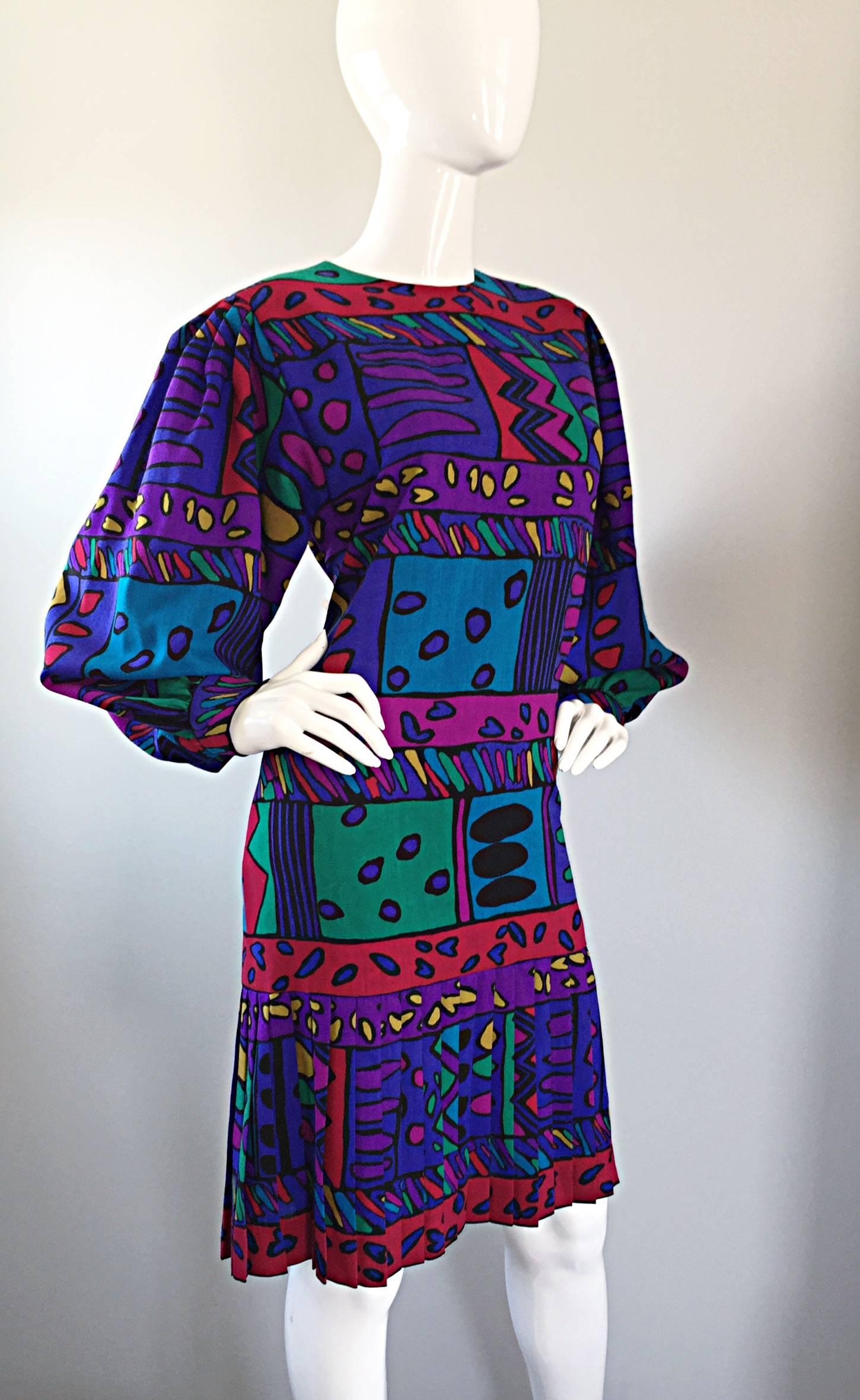 1980s Helga Howie Op - Art Vintage Drop Waist ' Heart ' Print Colorful Dress For Sale 1