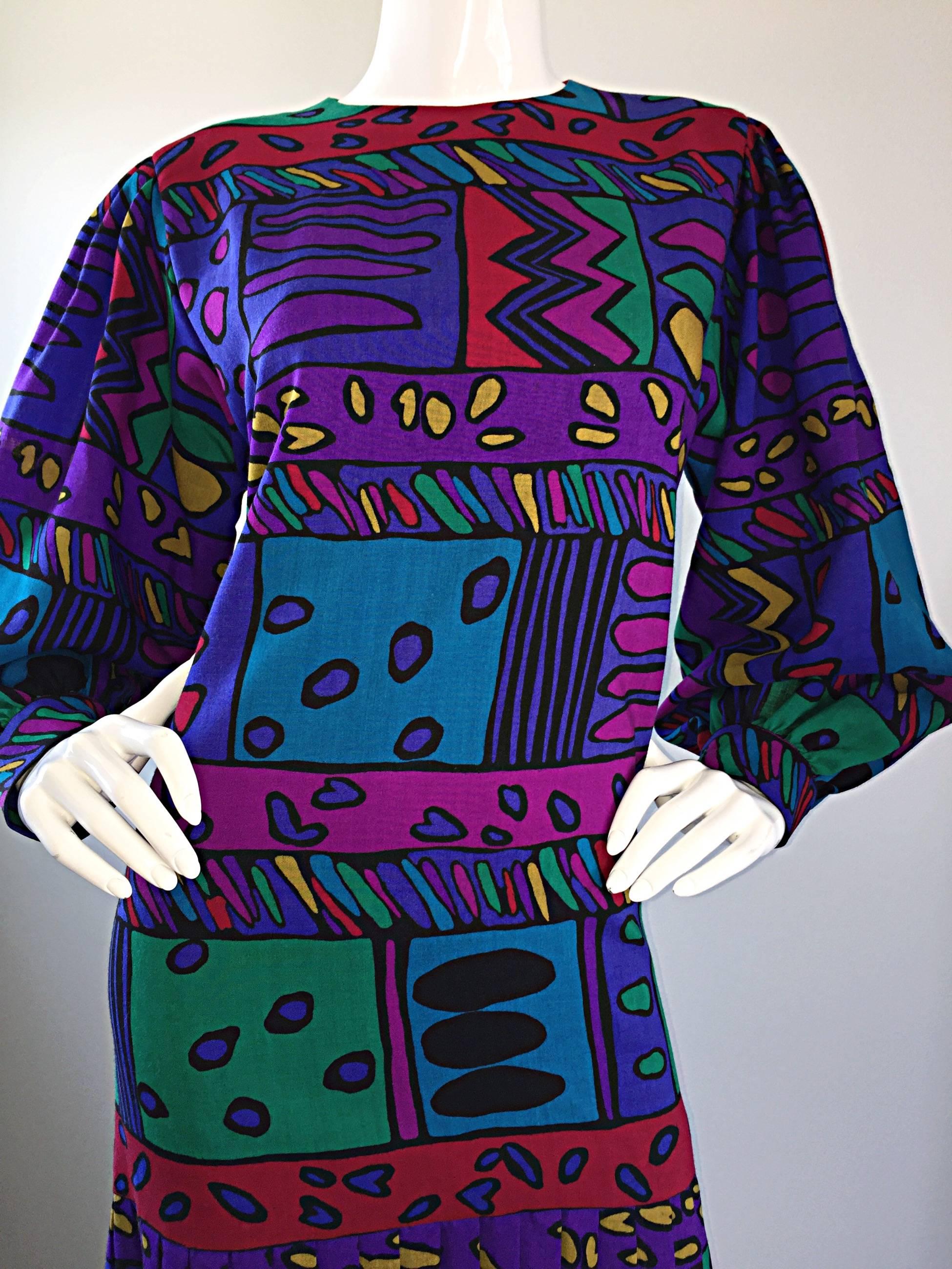 Women's 1980s Helga Howie Op - Art Vintage Drop Waist ' Heart ' Print Colorful Dress For Sale