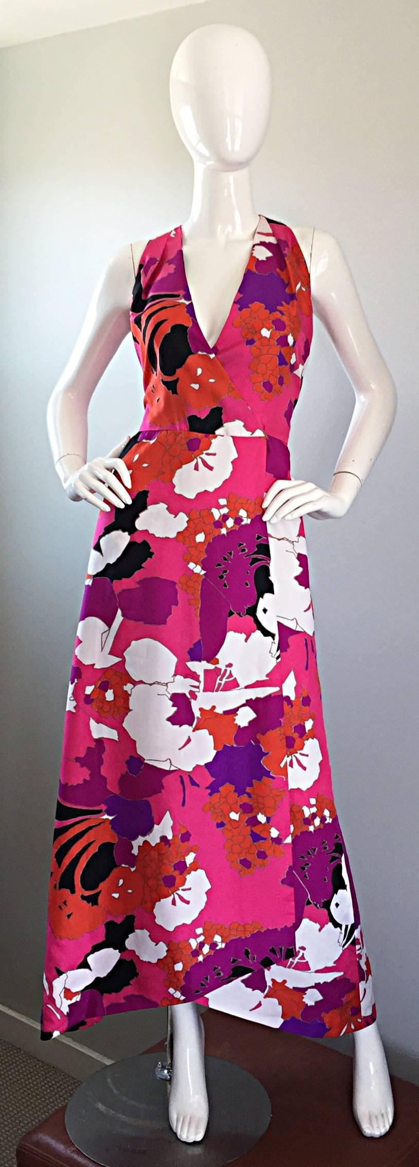 Incredible 1970s Adele Simpson Oriental Asian Inspired Vintage Halter Maxi Dress 4