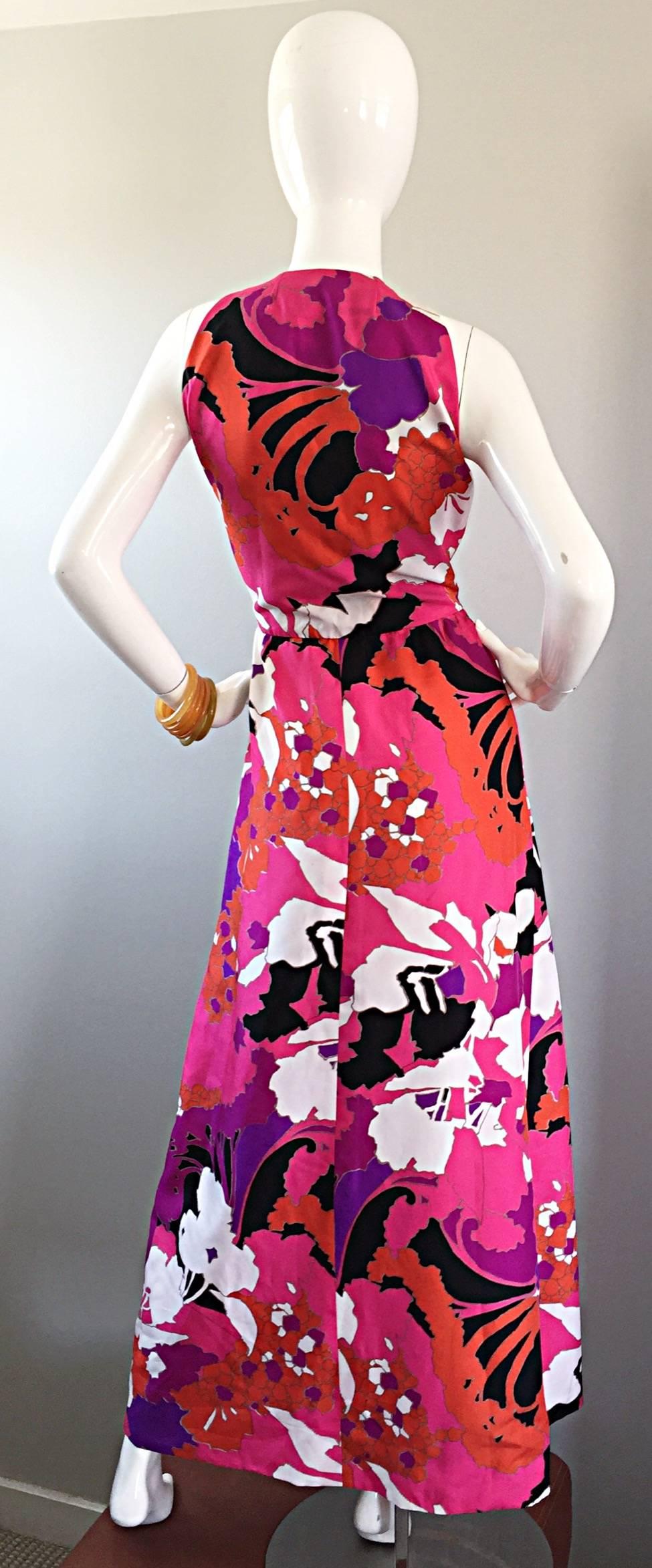 Women's Incredible 1970s Adele Simpson Oriental Asian Inspired Vintage Halter Maxi Dress