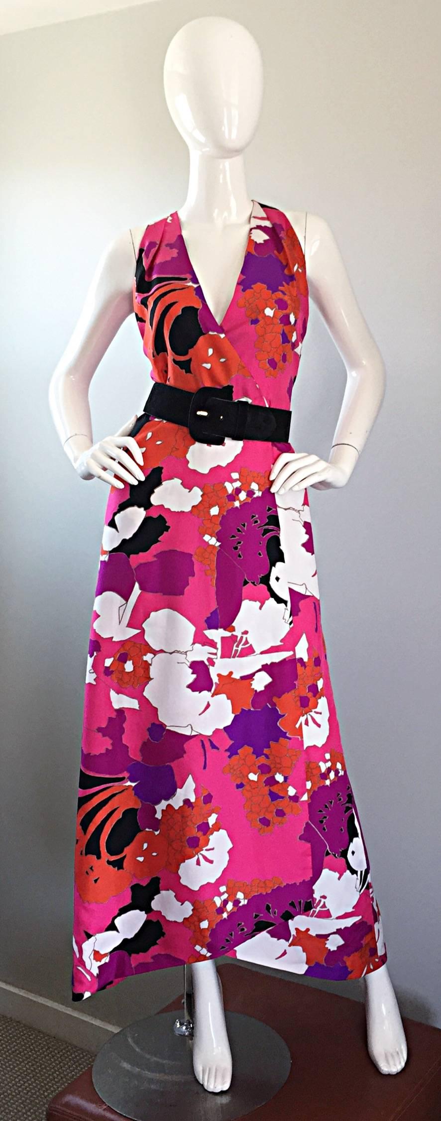 Incredible 1970s Adele Simpson Oriental Asian Inspired Vintage Halter Maxi Dress 2