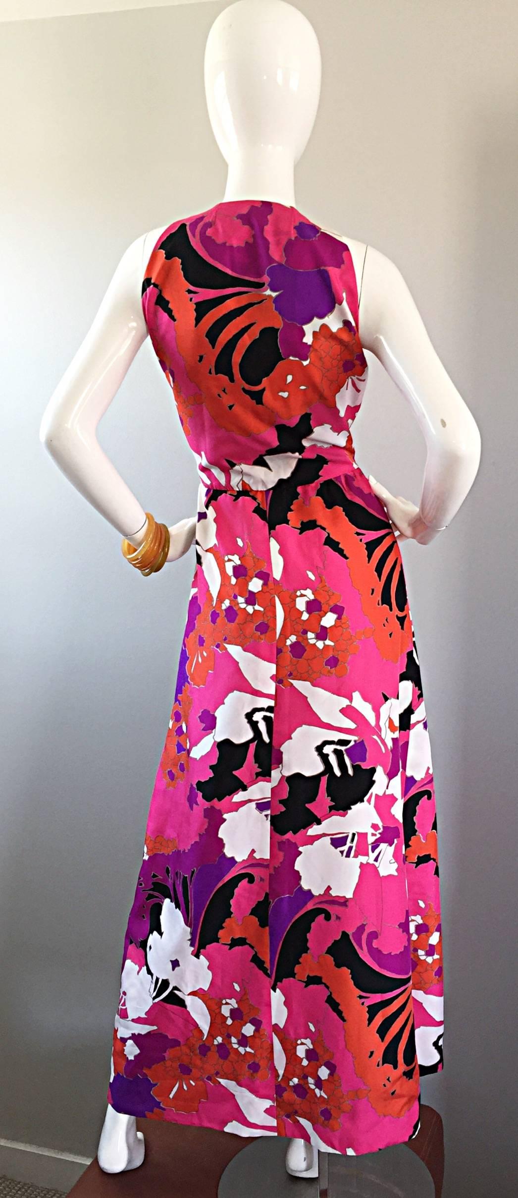 Incredible 1970s Adele Simpson Oriental Asian Inspired Vintage Halter Maxi Dress 3