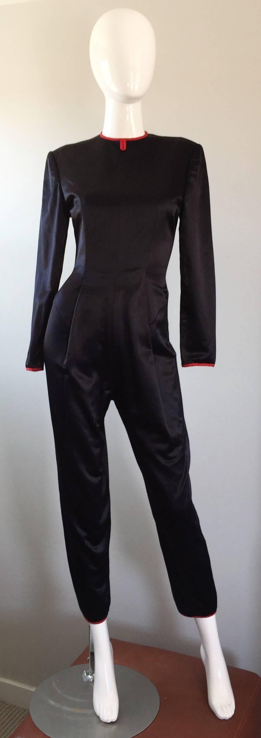 Rare Vintage Geoffrey Beene Black Silk Satin Cropped Jumpsuit / Cat Suit 4