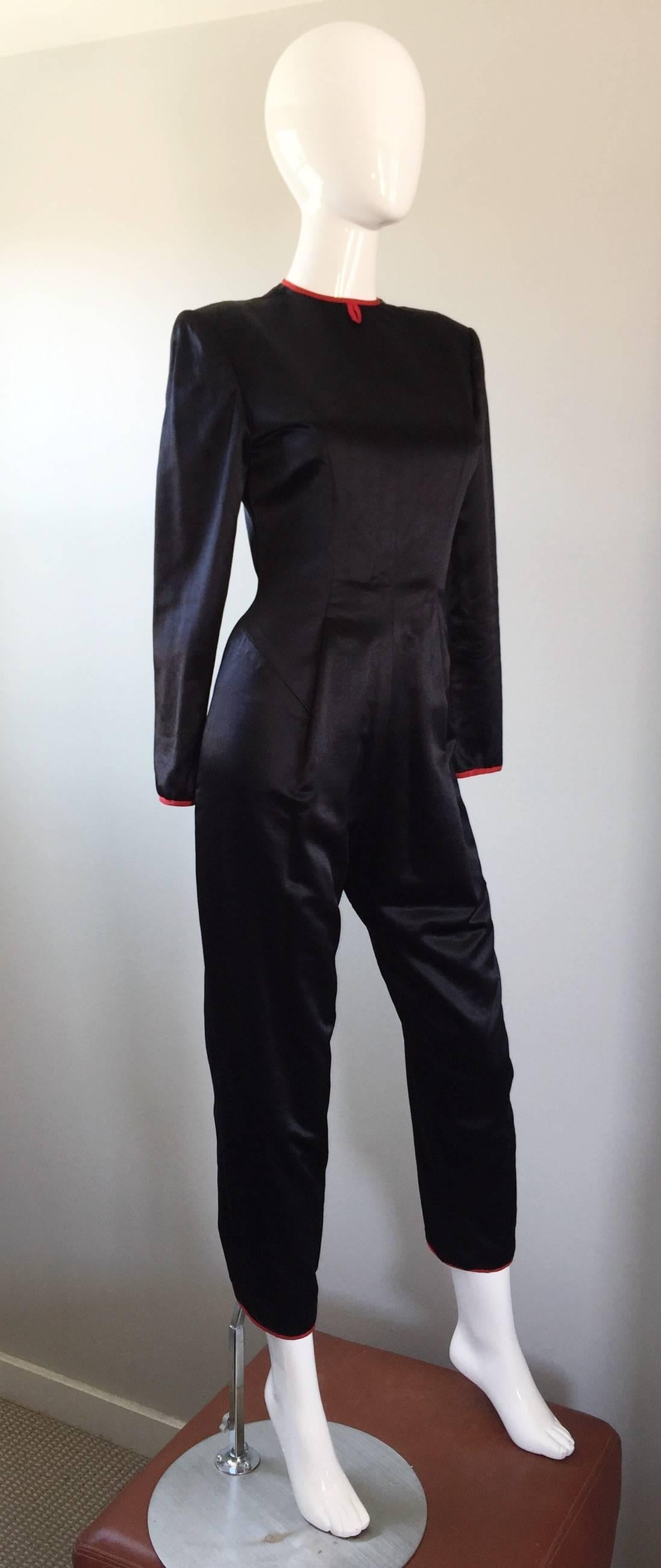 Rare Vintage Geoffrey Beene Black Silk Satin Cropped Jumpsuit / Cat Suit 2
