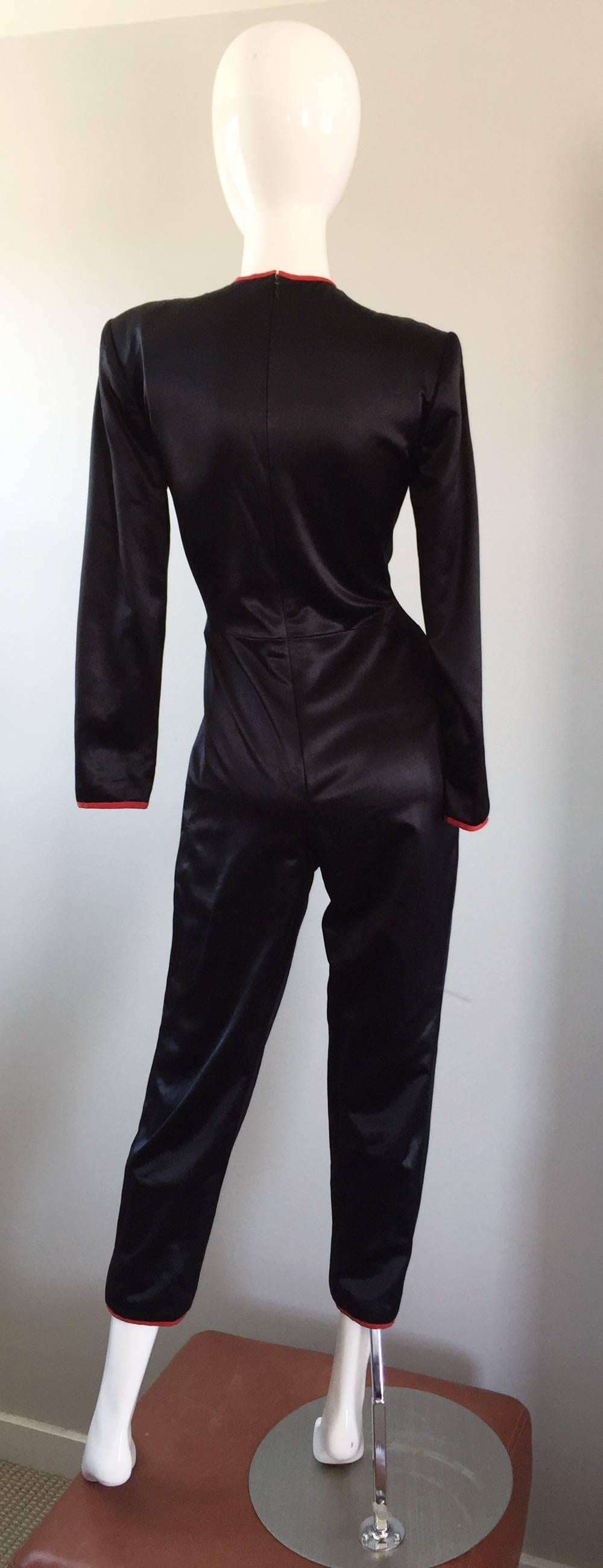 Rare Vintage Geoffrey Beene Black Silk Satin Cropped Jumpsuit / Cat Suit 3