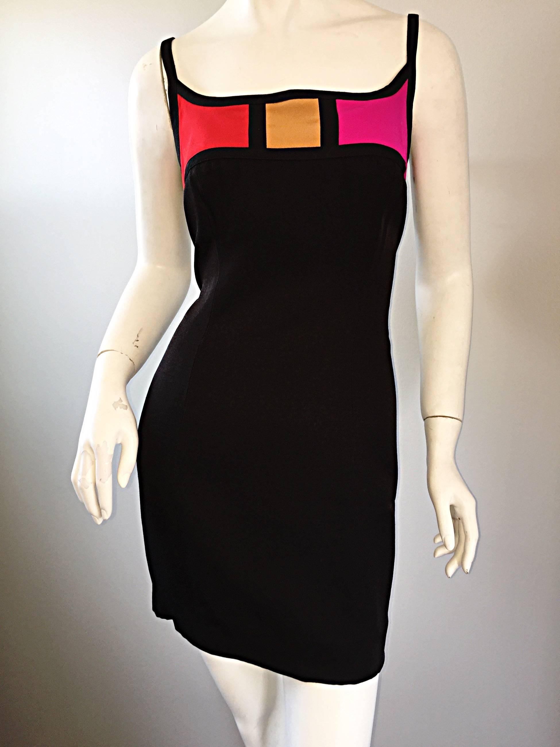 1990s Linda Segal Color Block Black + Red + Pink + Orange Sexy Mini Dress In Excellent Condition In San Diego, CA