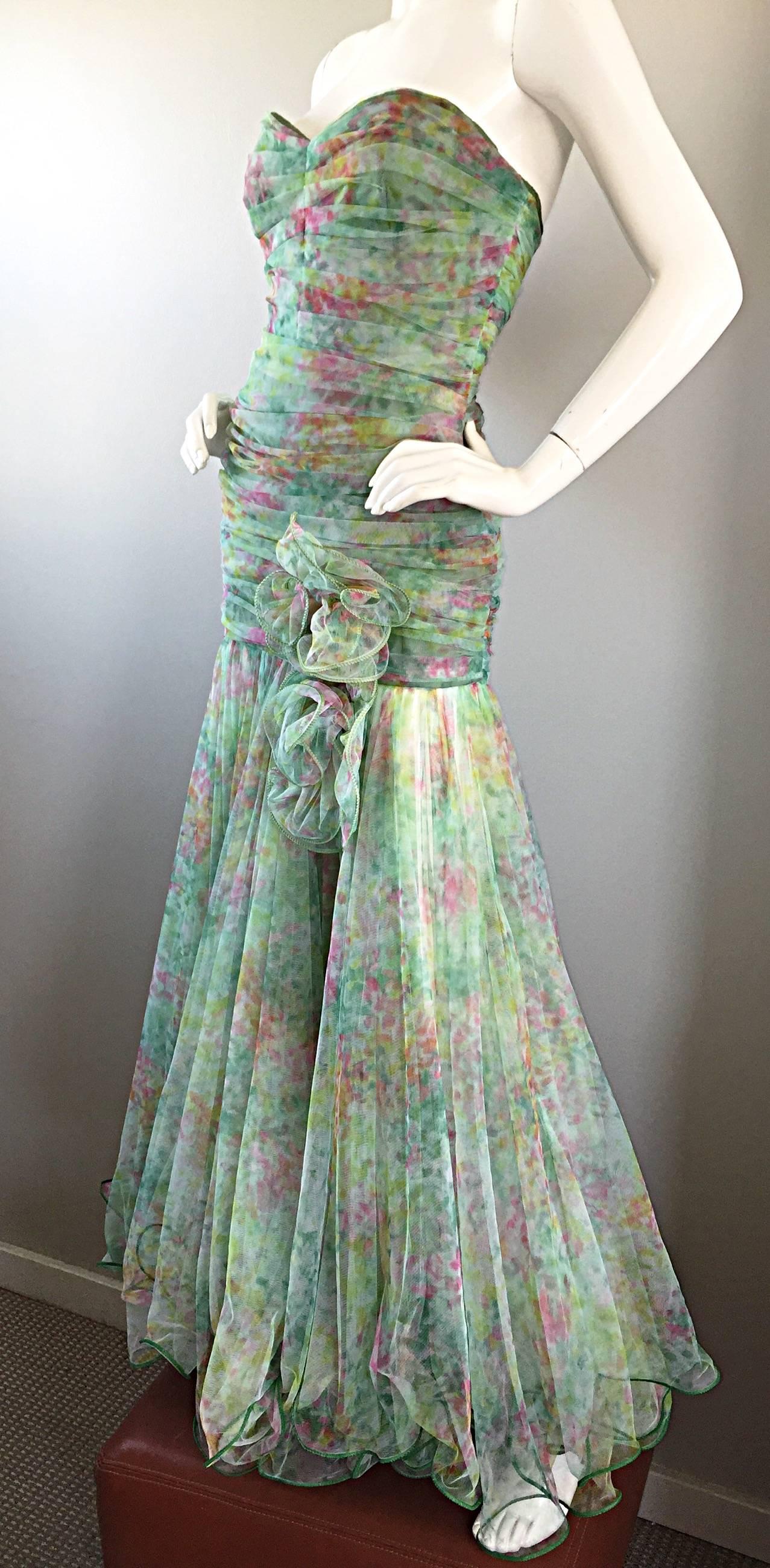 Breathtaking Vintage Jean Jacques Bertrand Couture Strapless Watercolor Gown 3