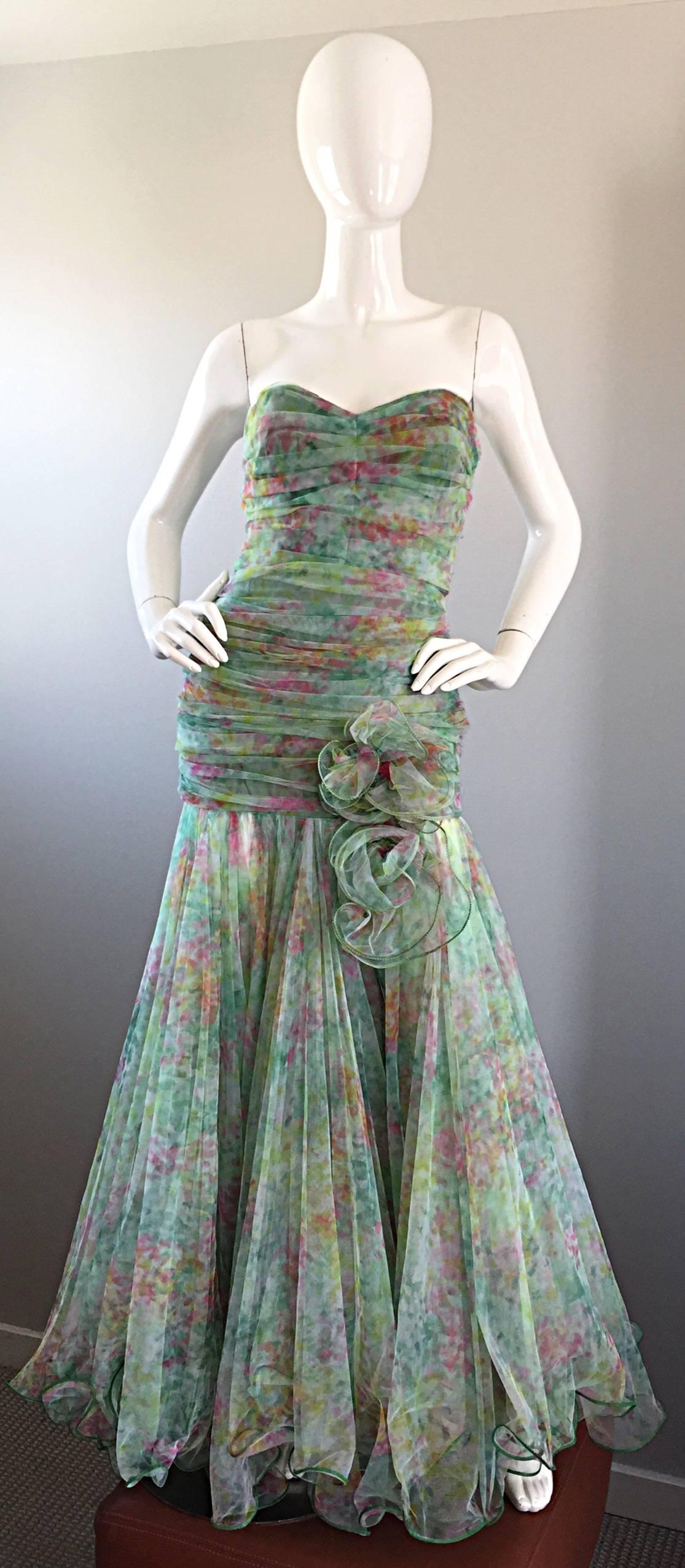Sensational 1980s / 80s JEAN JACQUES BERTRAND Couture strapless evening gown! Beautiful pastel colors of light green, pink, and yellow in a watercolor floral print on exquisite tulle. Ruched bodice is very flattering on, and leads into wonderful