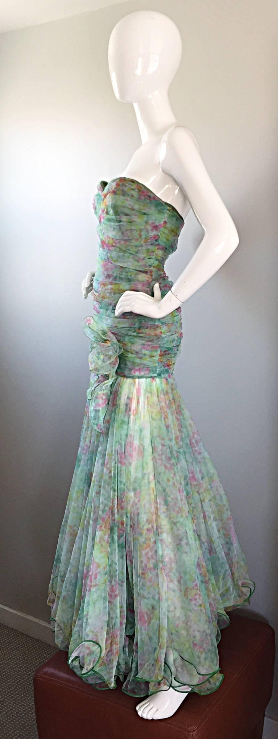 Breathtaking Vintage Jean Jacques Bertrand Couture Strapless Watercolor Gown In Excellent Condition In San Diego, CA
