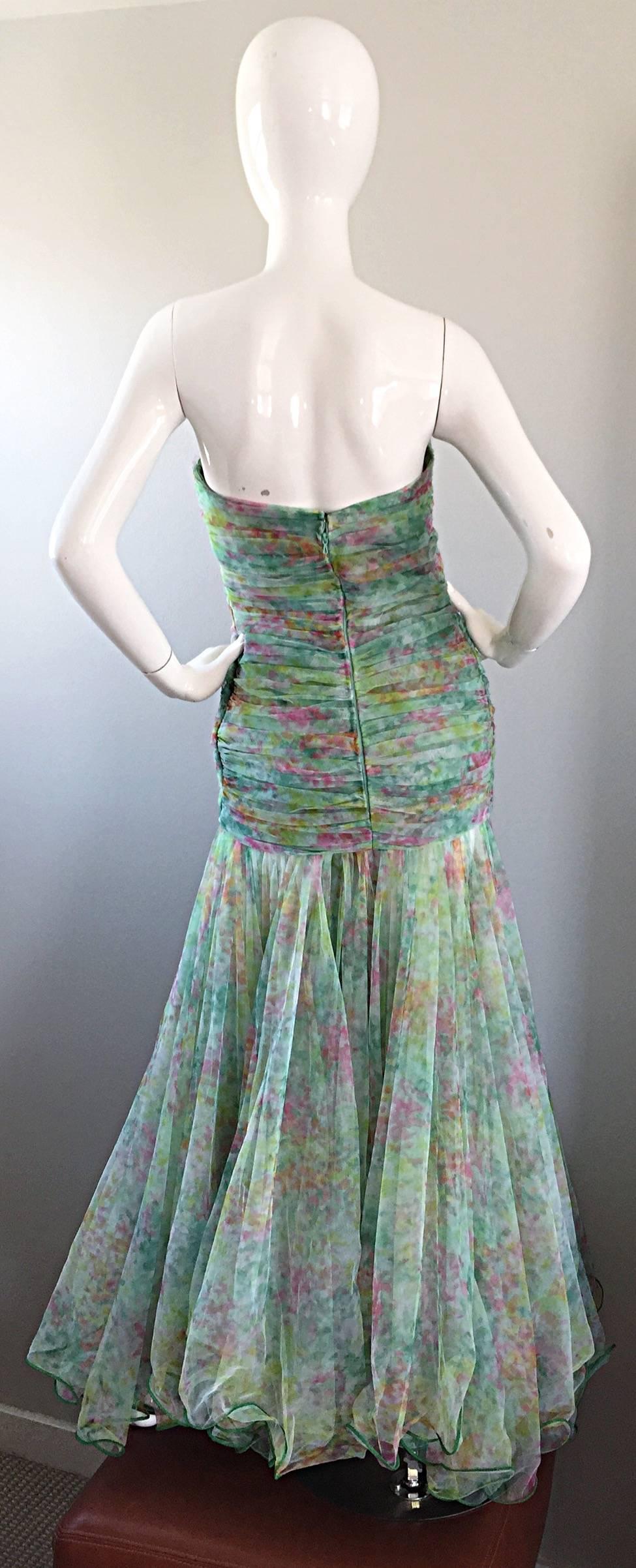 Women's Breathtaking Vintage Jean Jacques Bertrand Couture Strapless Watercolor Gown