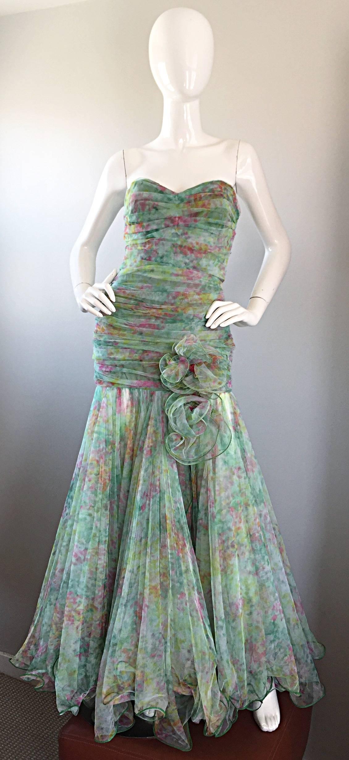 Breathtaking Vintage Jean Jacques Bertrand Couture Strapless Watercolor Gown 2
