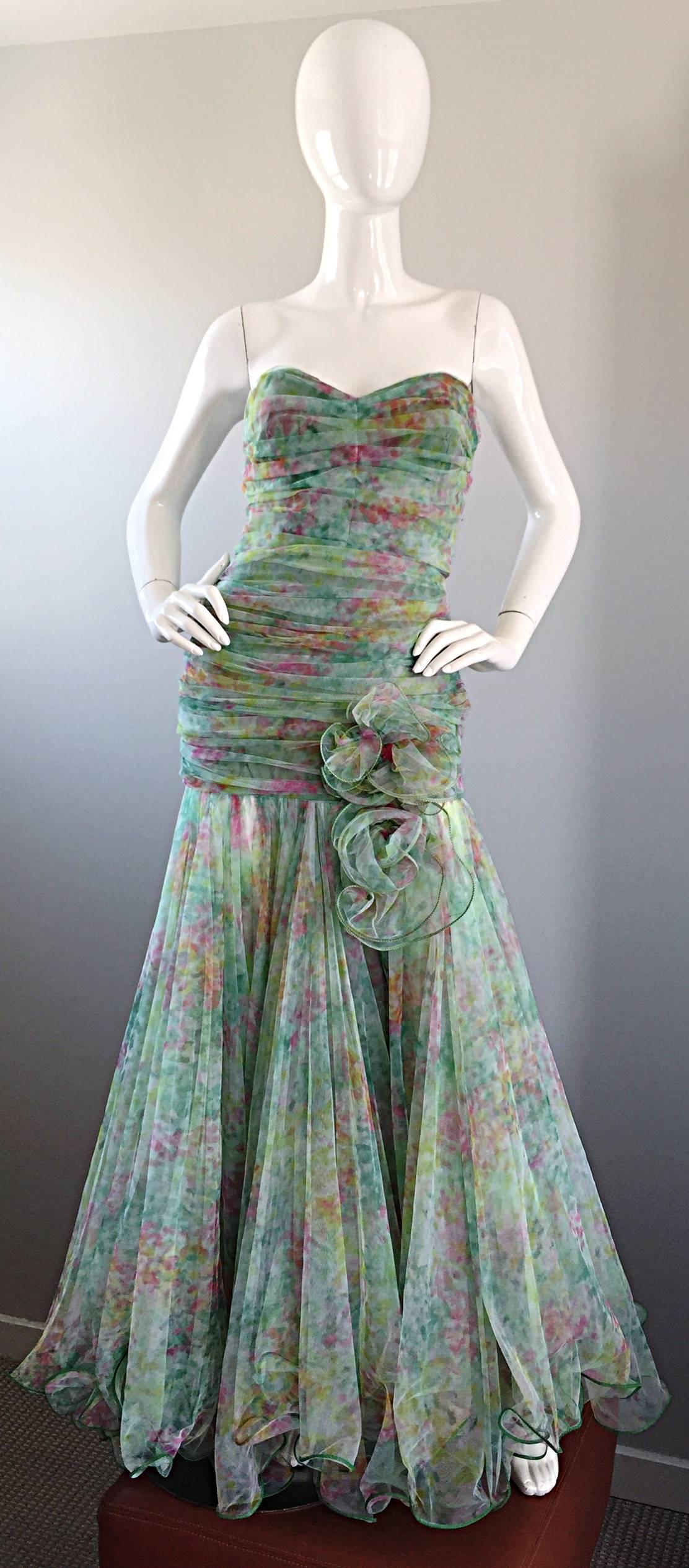 Breathtaking Vintage Jean Jacques Bertrand Couture Strapless Watercolor Gown 4