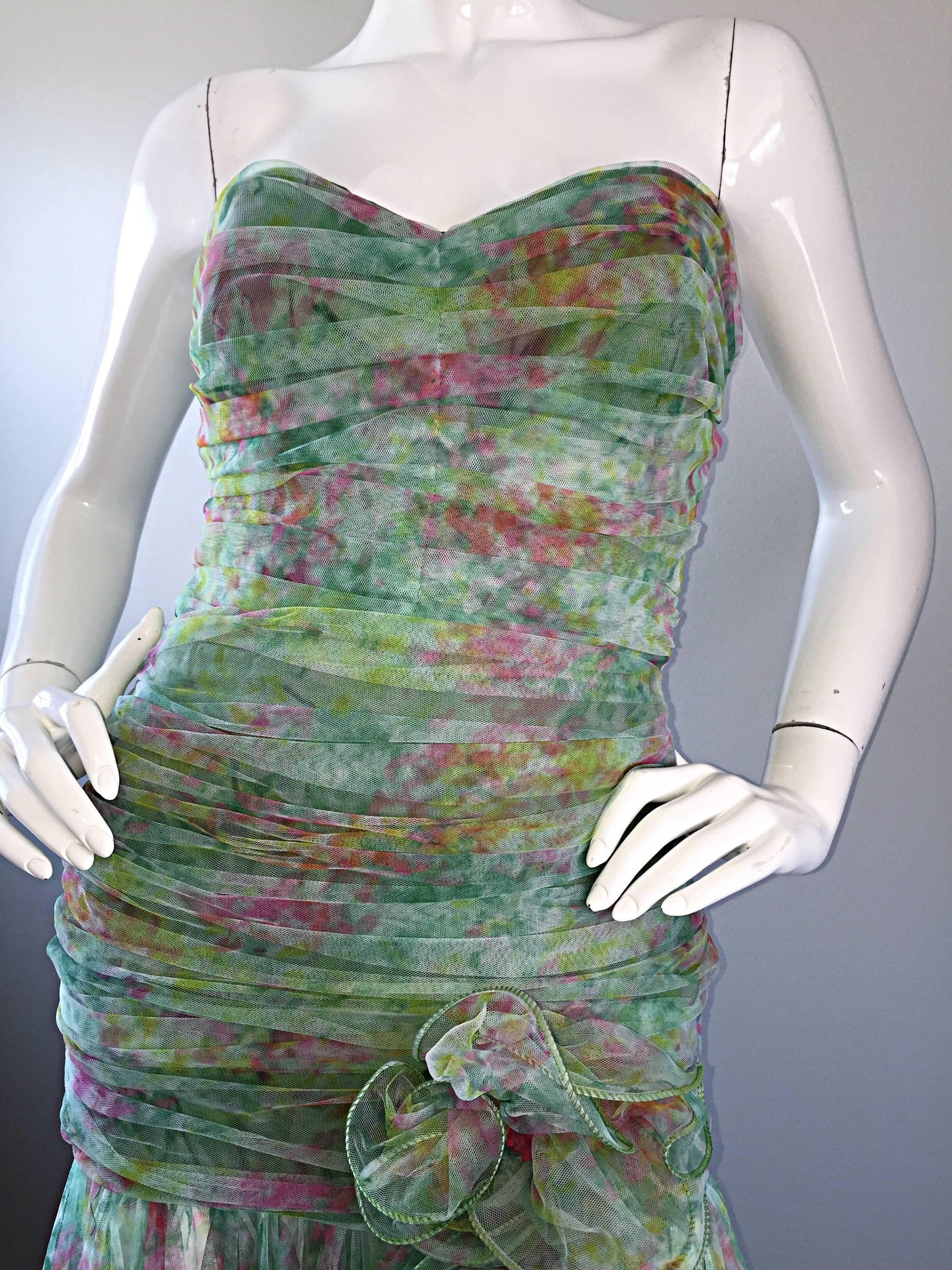 Breathtaking Vintage Jean Jacques Bertrand Couture Strapless Watercolor Gown 1