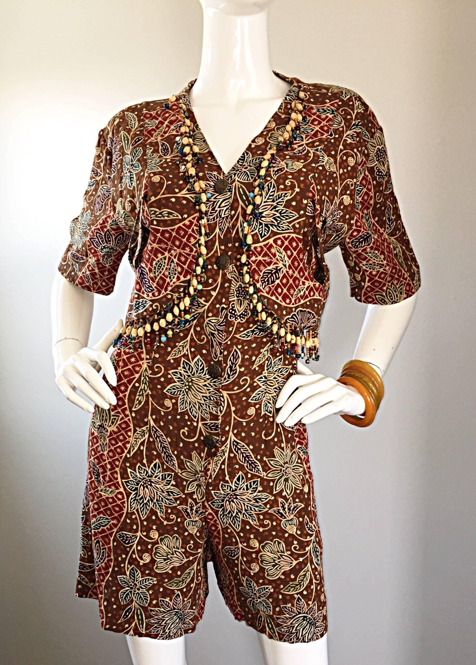 Amazing Vintage Romper Shorts Jumpsuit w/ Tribal Ethnic Print + Beads + Bells For Sale 4