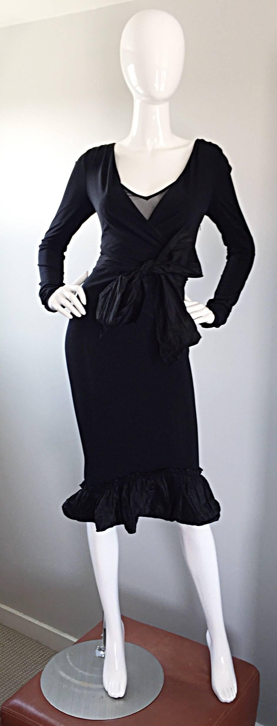 Super flattering vintage 90s VERA WANG black jersey wrap dress! So much detail on this little black dress! Stretch to fit silk rayon jersey with a net underlay at bust that reveals just the right amount of cleavage. Silk taffeta flared hem with