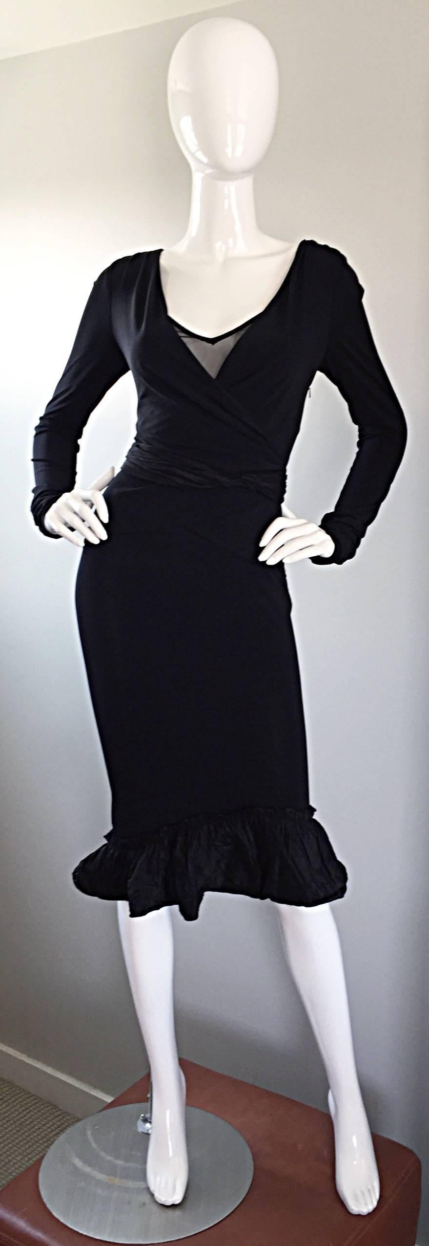 1990s Vera Wang Black Vintage Jersey Wrap Dress w/ Taffeta Mermaid Hem & Belt 1