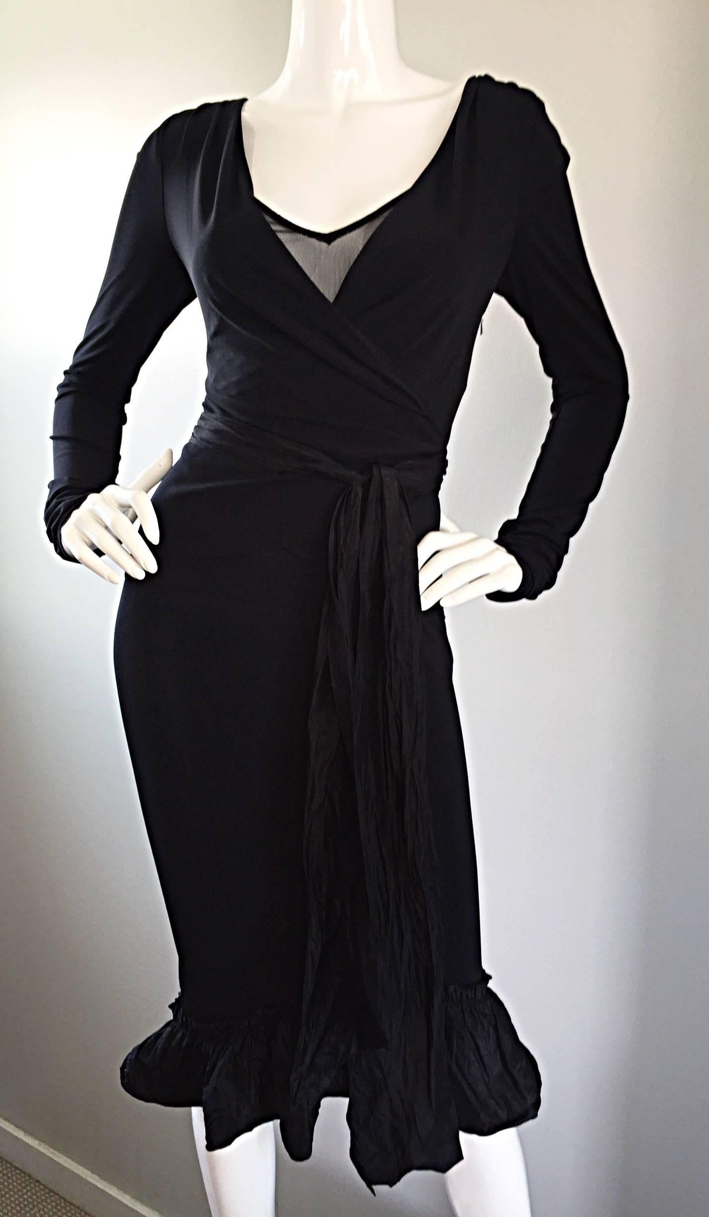 Women's 1990s Vera Wang Black Vintage Jersey Wrap Dress w/ Taffeta Mermaid Hem & Belt