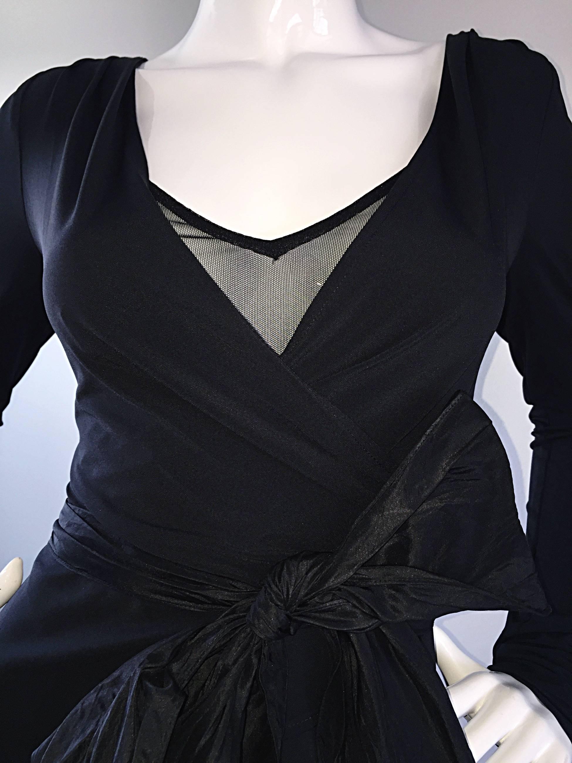 1990s Vera Wang Black Vintage Jersey Wrap Dress w/ Taffeta Mermaid Hem & Belt In Excellent Condition In San Diego, CA