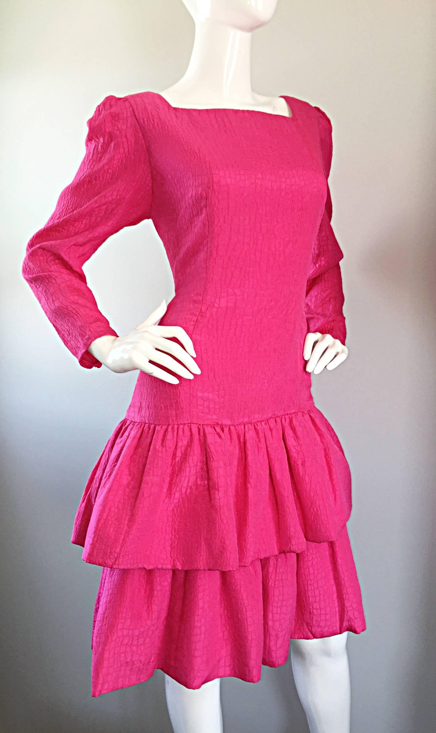 Red Vintage Adele Simpson for Neiman Marcus Shocking Pink Silk Crocodile Print Dress