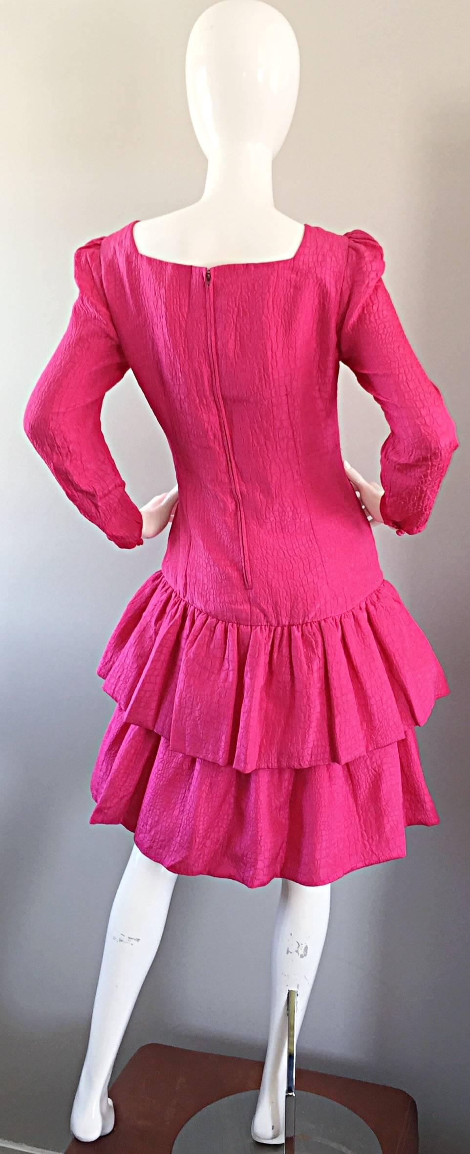 Women's Vintage Adele Simpson for Neiman Marcus Shocking Pink Silk Crocodile Print Dress