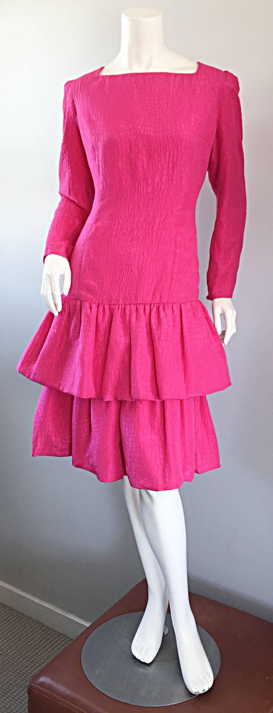 Vintage Adele Simpson for Neiman Marcus Shocking Pink Silk Crocodile Print Dress 1