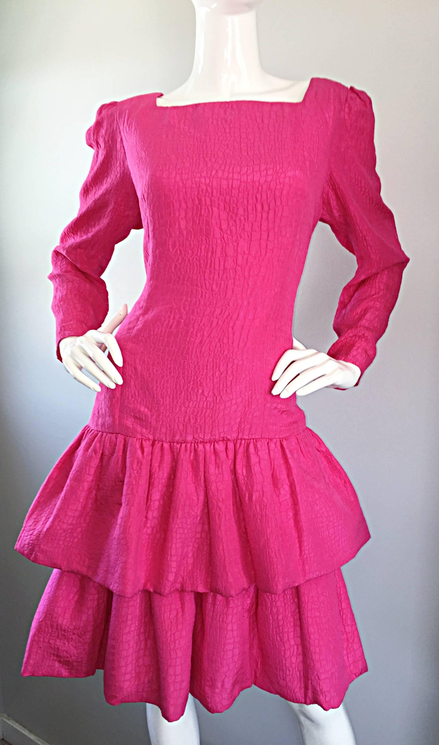 Vintage Adele Simpson for Neiman Marcus Shocking Pink Silk Crocodile Print Dress 2