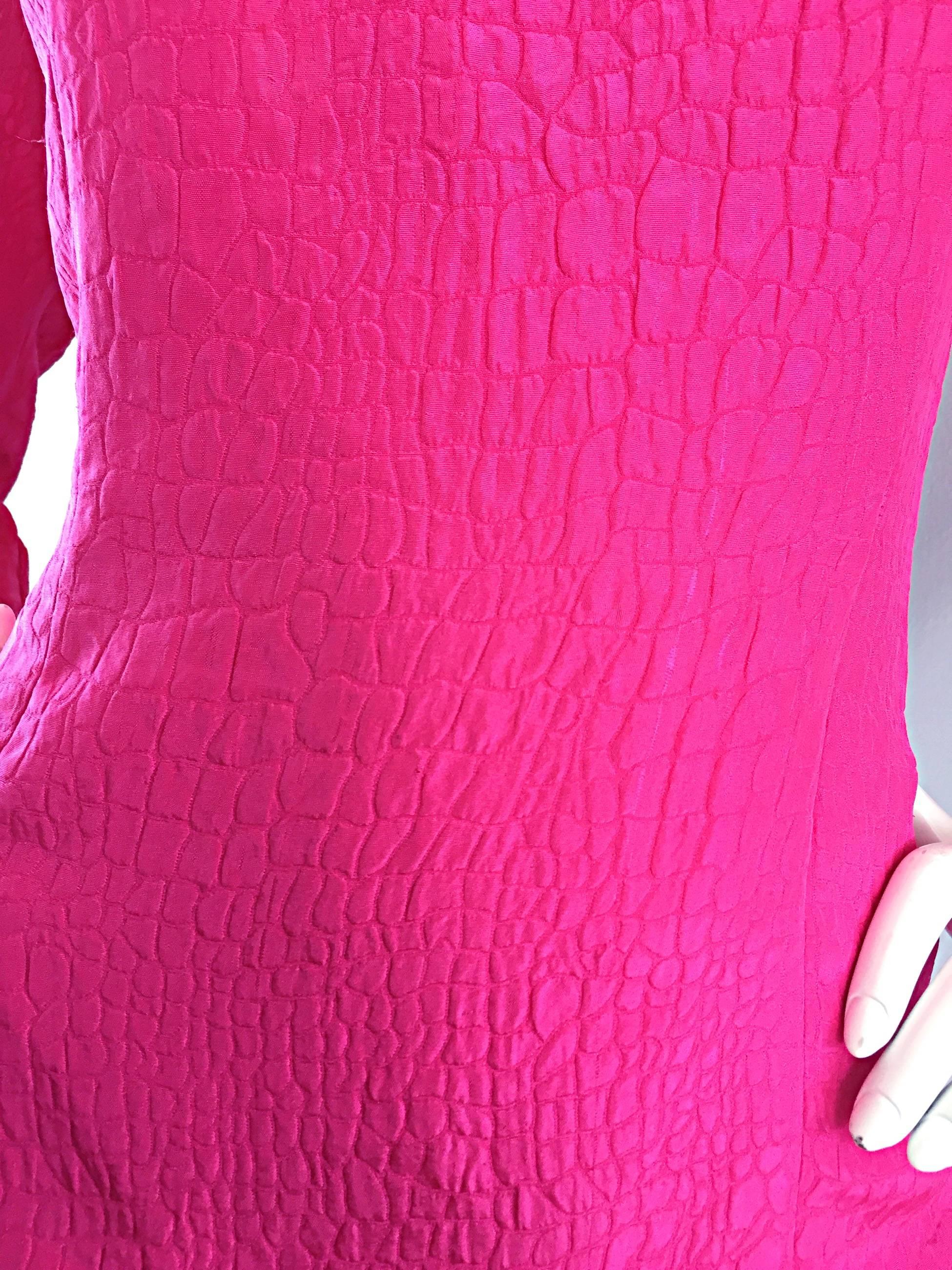 Vintage Adele Simpson for Neiman Marcus Shocking Pink Silk Crocodile Print Dress 3
