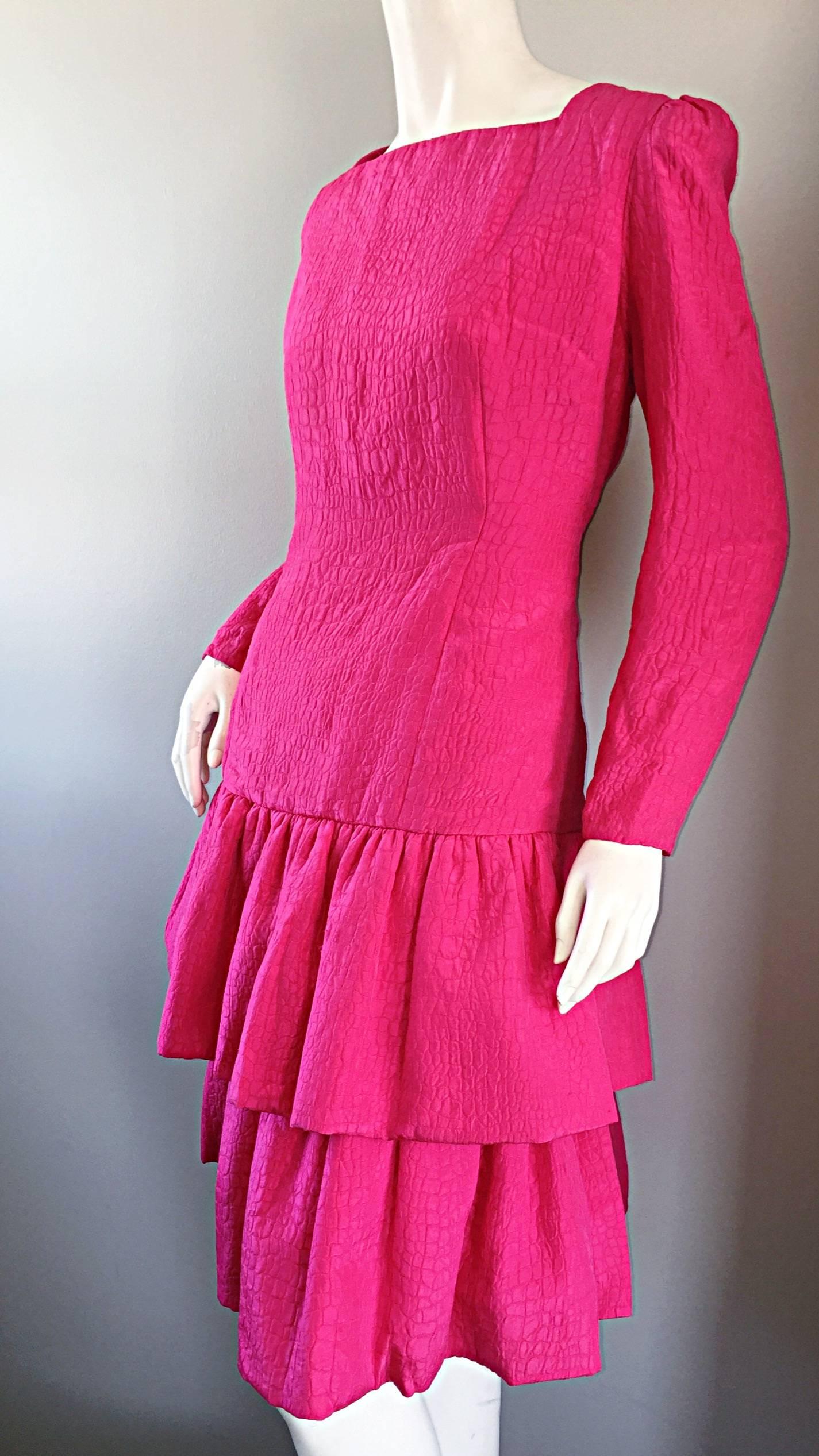 Vintage Adele Simpson for Neiman Marcus Shocking Pink Silk Crocodile Print Dress 4