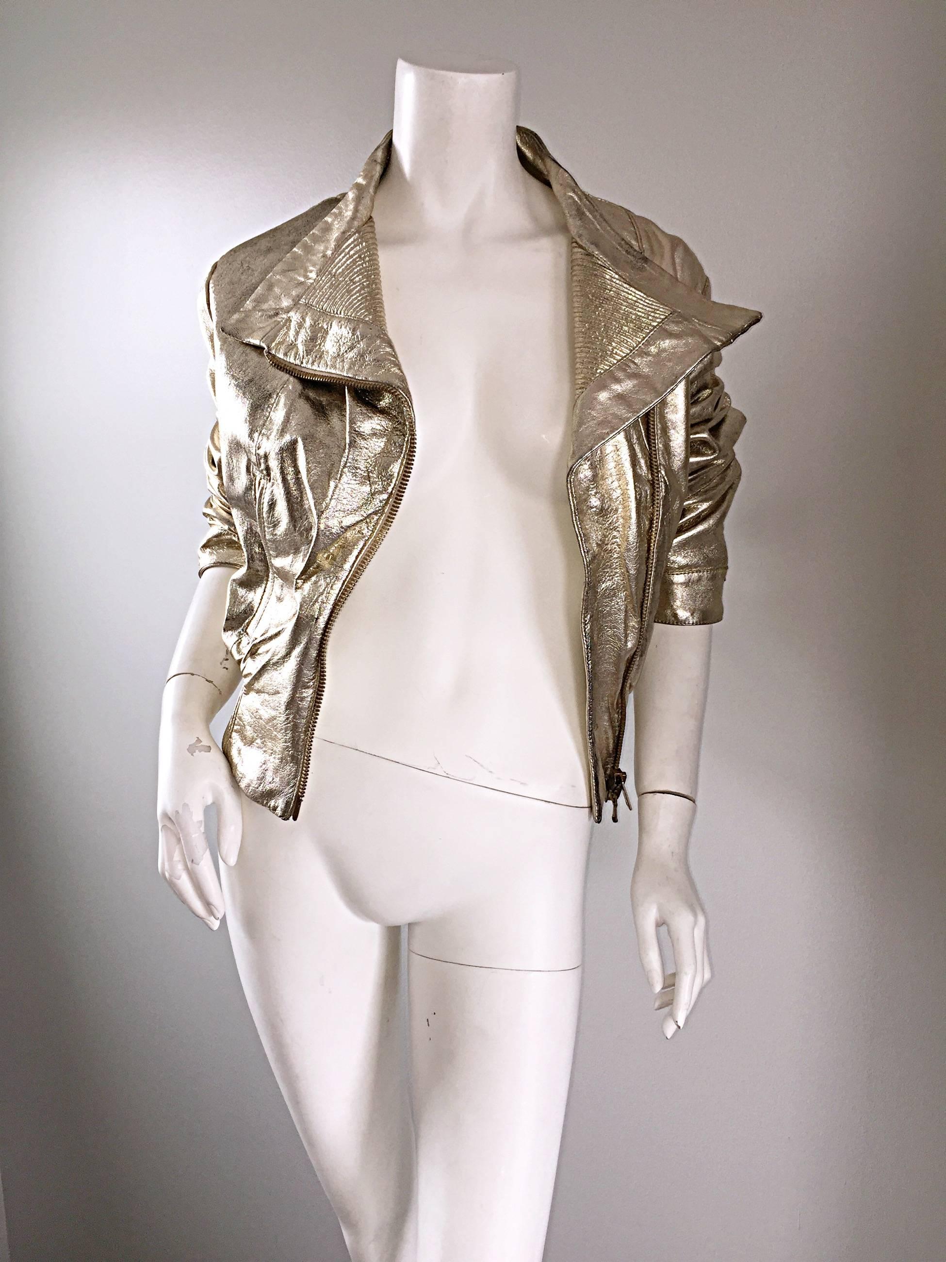 Brown Vintage Gianfranco Ferre Gold Leather Distressed Motorcycle Moto 90s Jacket 