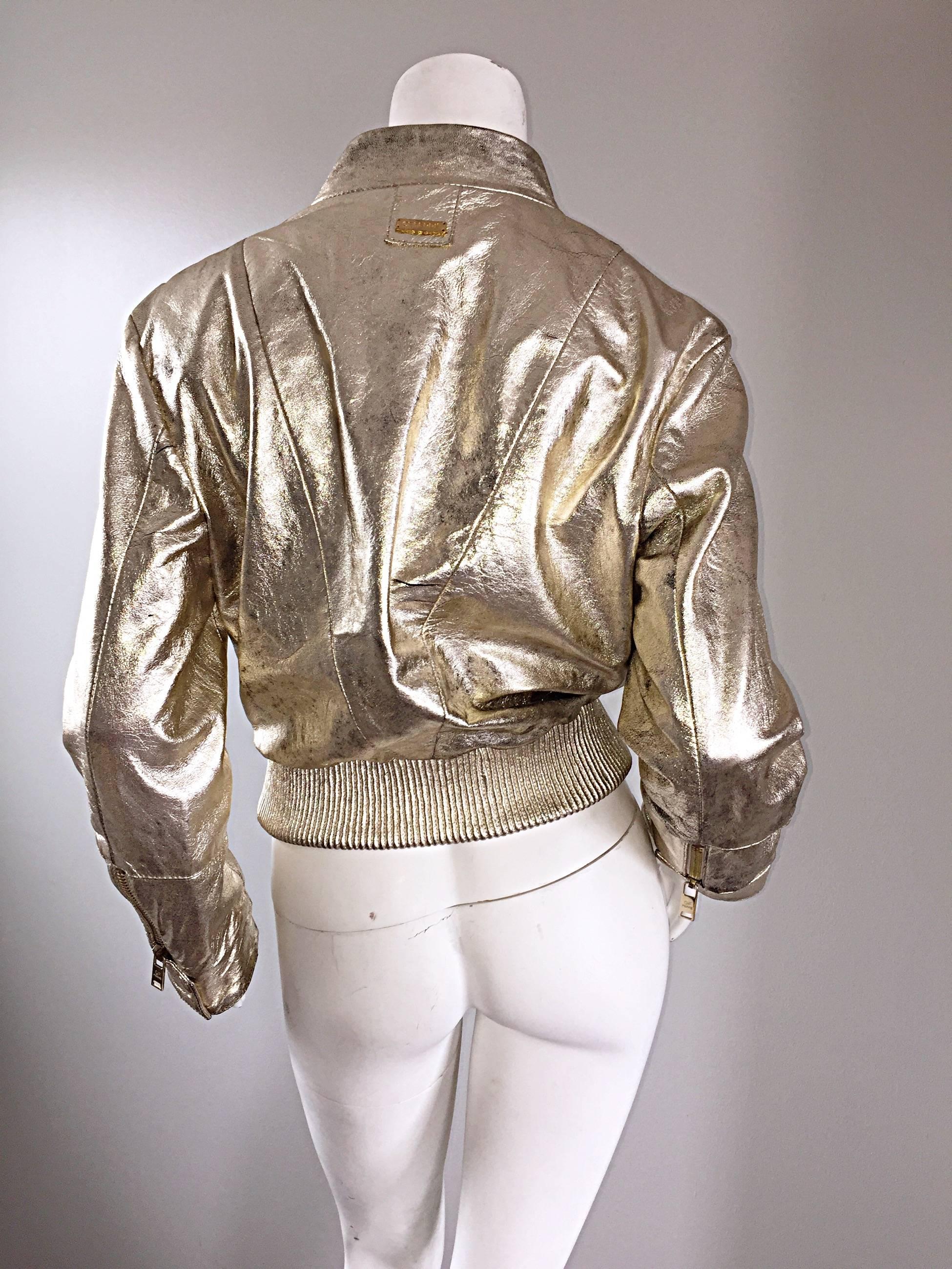 Vintage Gianfranco Ferre Gold Leather Distressed Motorcycle Moto 90s Jacket  1