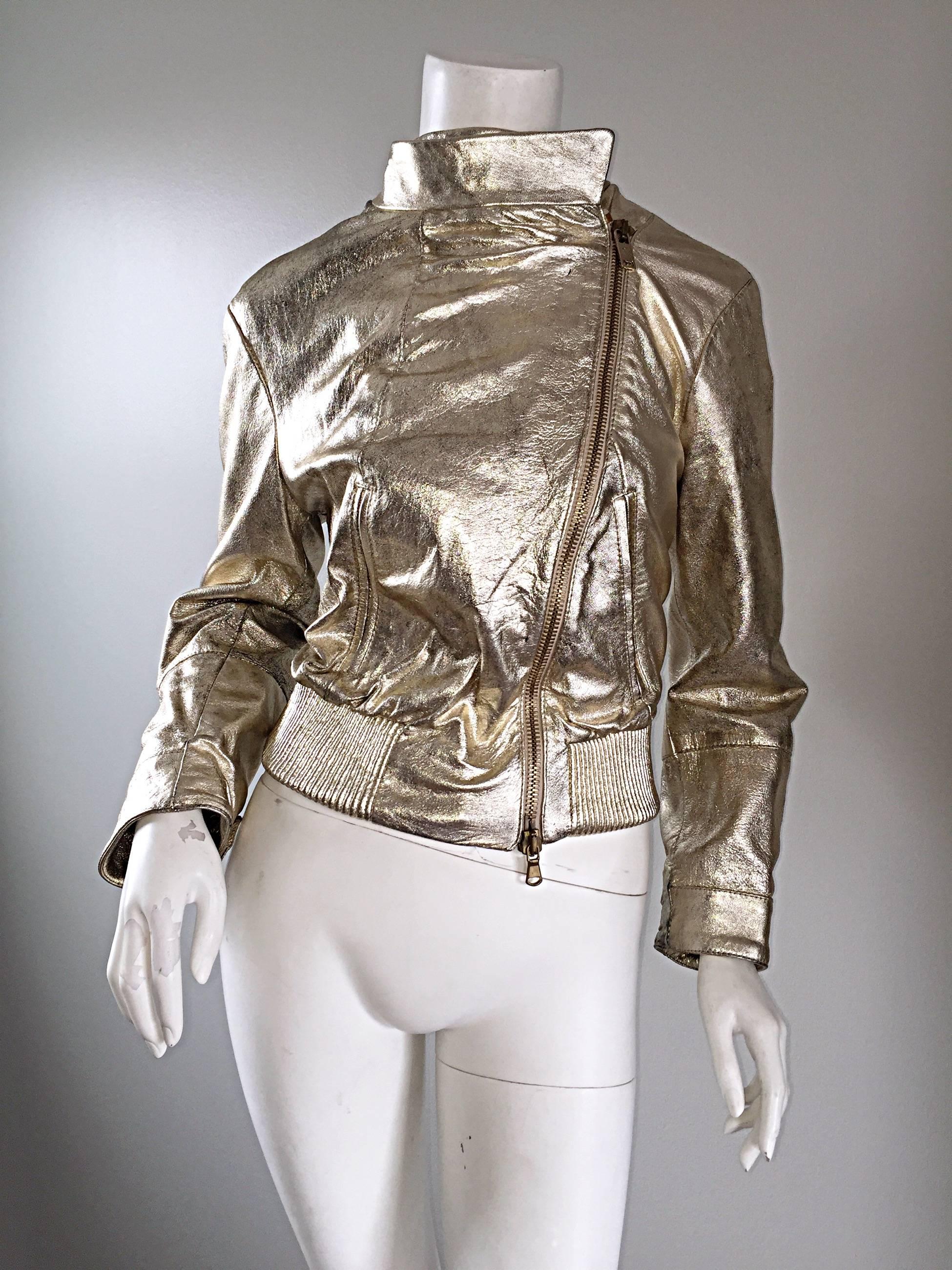 Vintage Gianfranco Ferre Gold Leather Distressed Motorcycle Moto 90s Jacket  In Excellent Condition In San Diego, CA