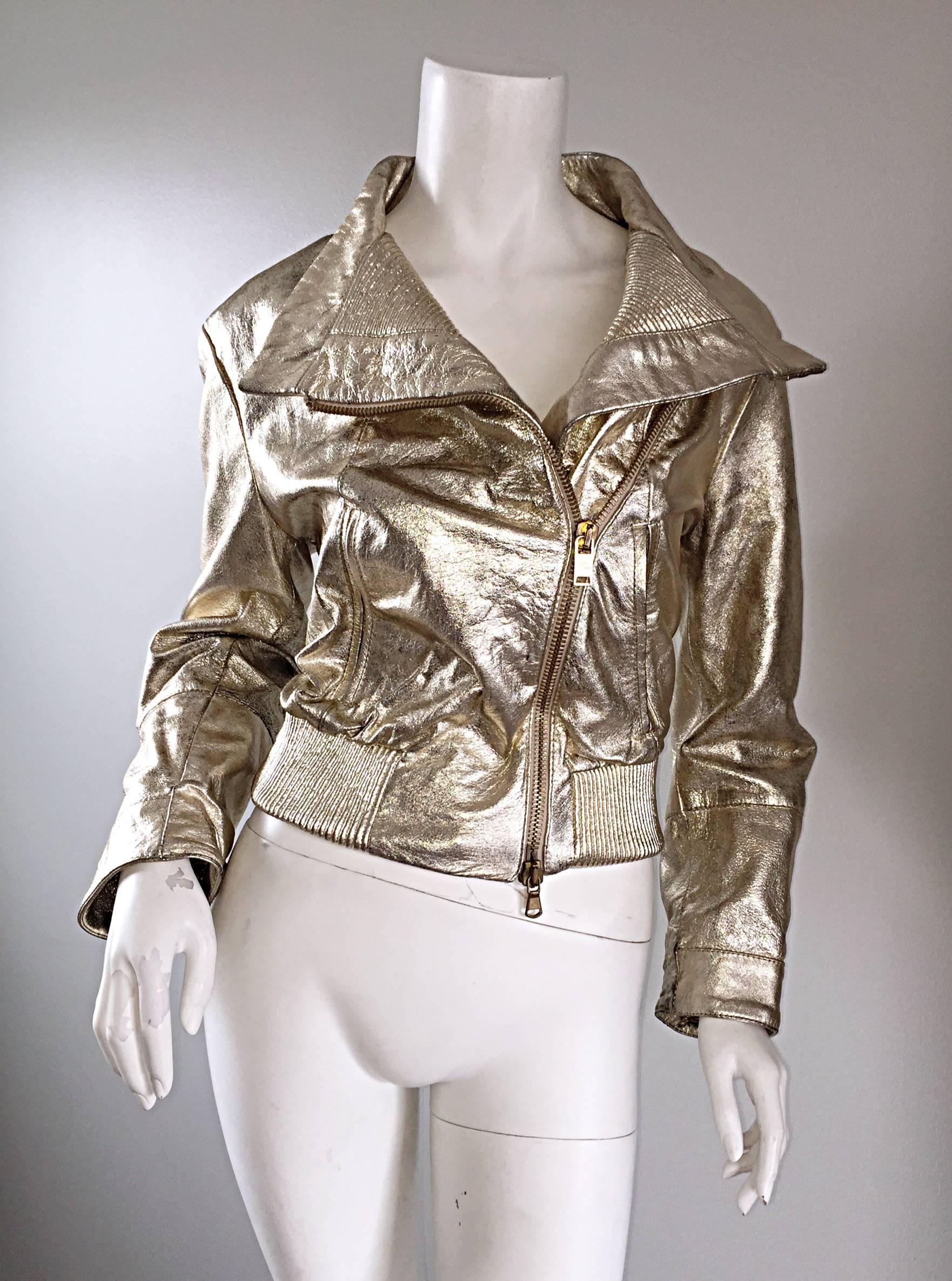 Vintage Gianfranco Ferre Gold Leather Distressed Motorcycle Moto 90s Jacket  4