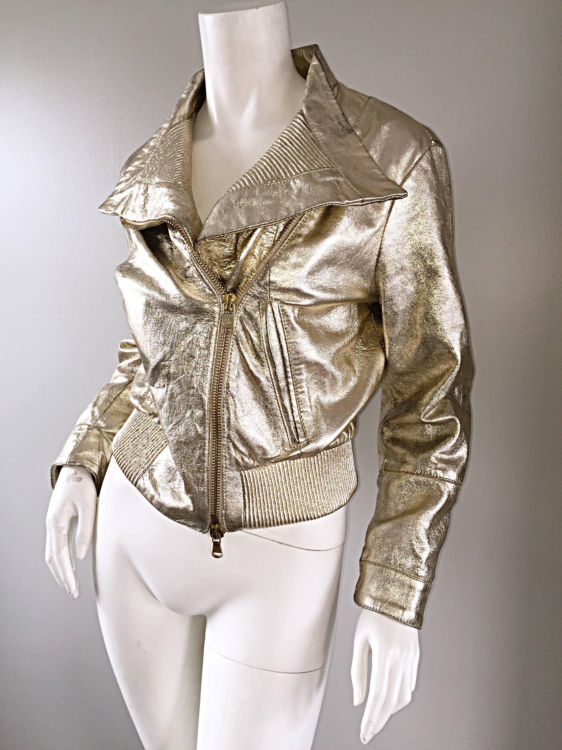 Vintage Gianfranco Ferre Gold Leather Distressed Motorcycle Moto 90s Jacket  3