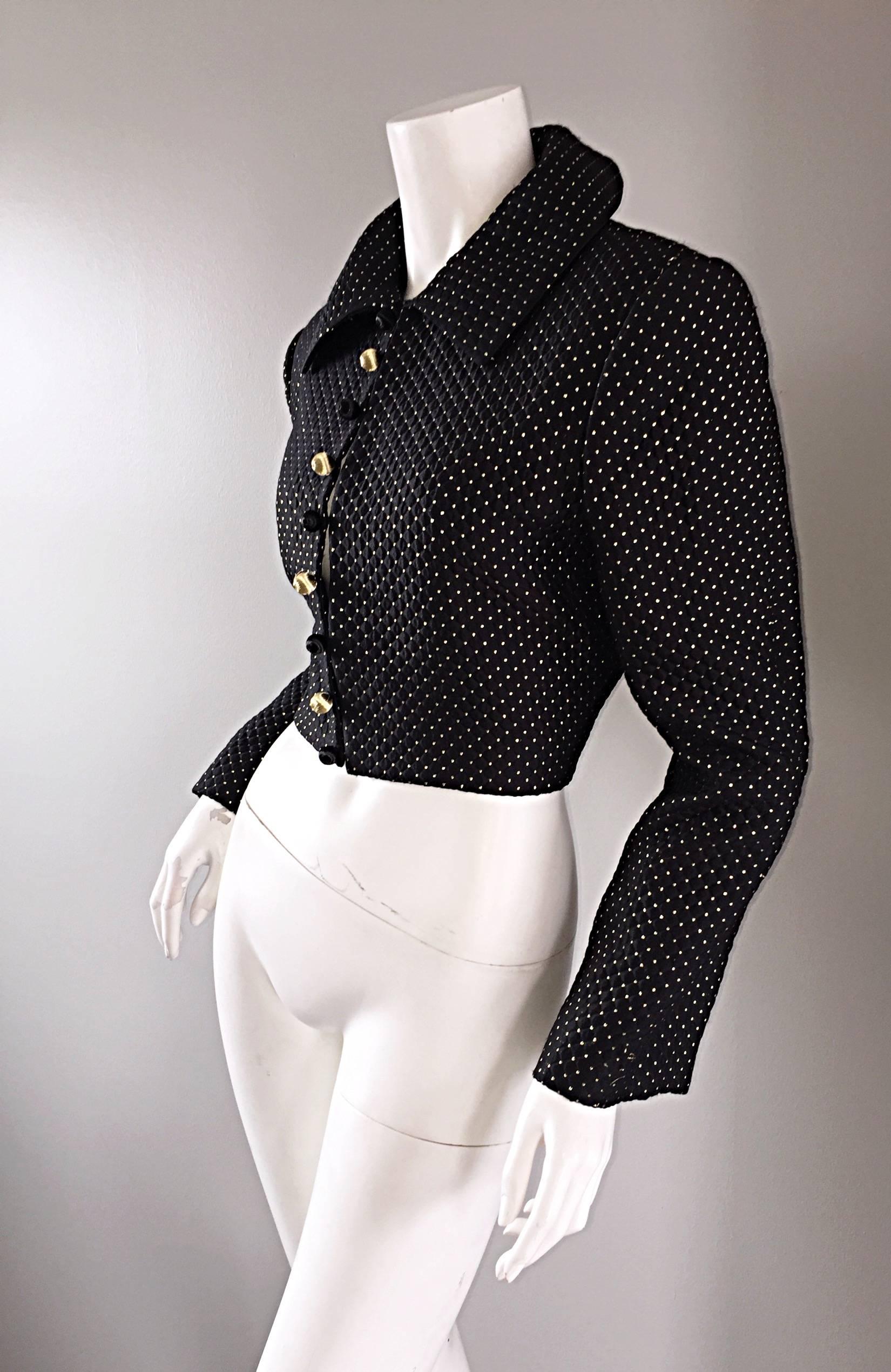 Carolyne Roehm for Saks 5th Avenue 1990s Black + Gold Silk Cropped Bolero Jacket For Sale 1