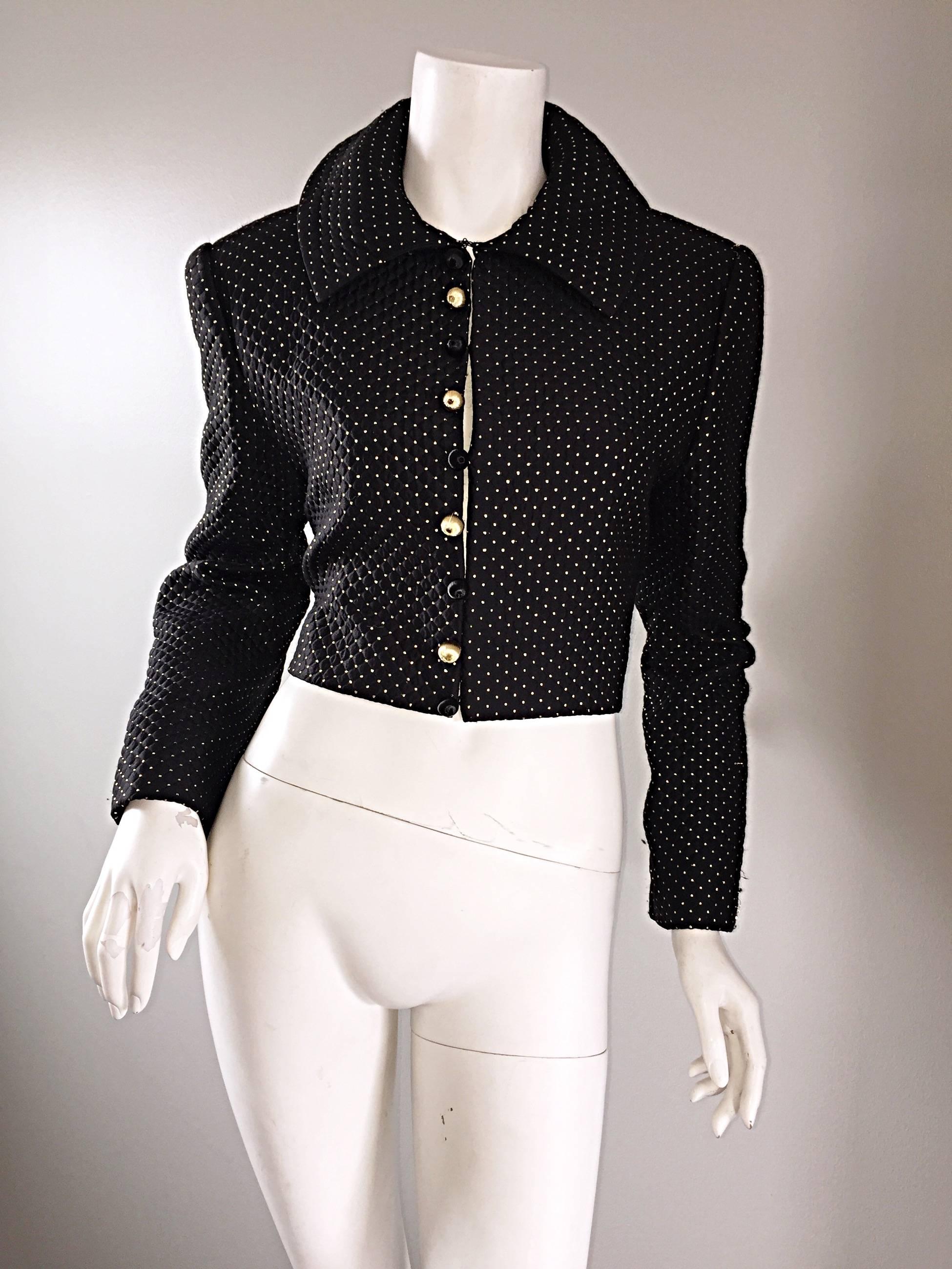 Beautiful Vintage 90s CAROLYNE ROEHM for SAKS FIFTH AVENUE black and gold silk cropped bolero jacket! Black silk with gold pin dots sewn throughout. Black and gold 'ball' buttons up the bodice. Chic Peter Pan collar. Fully lined in silk. Can easily